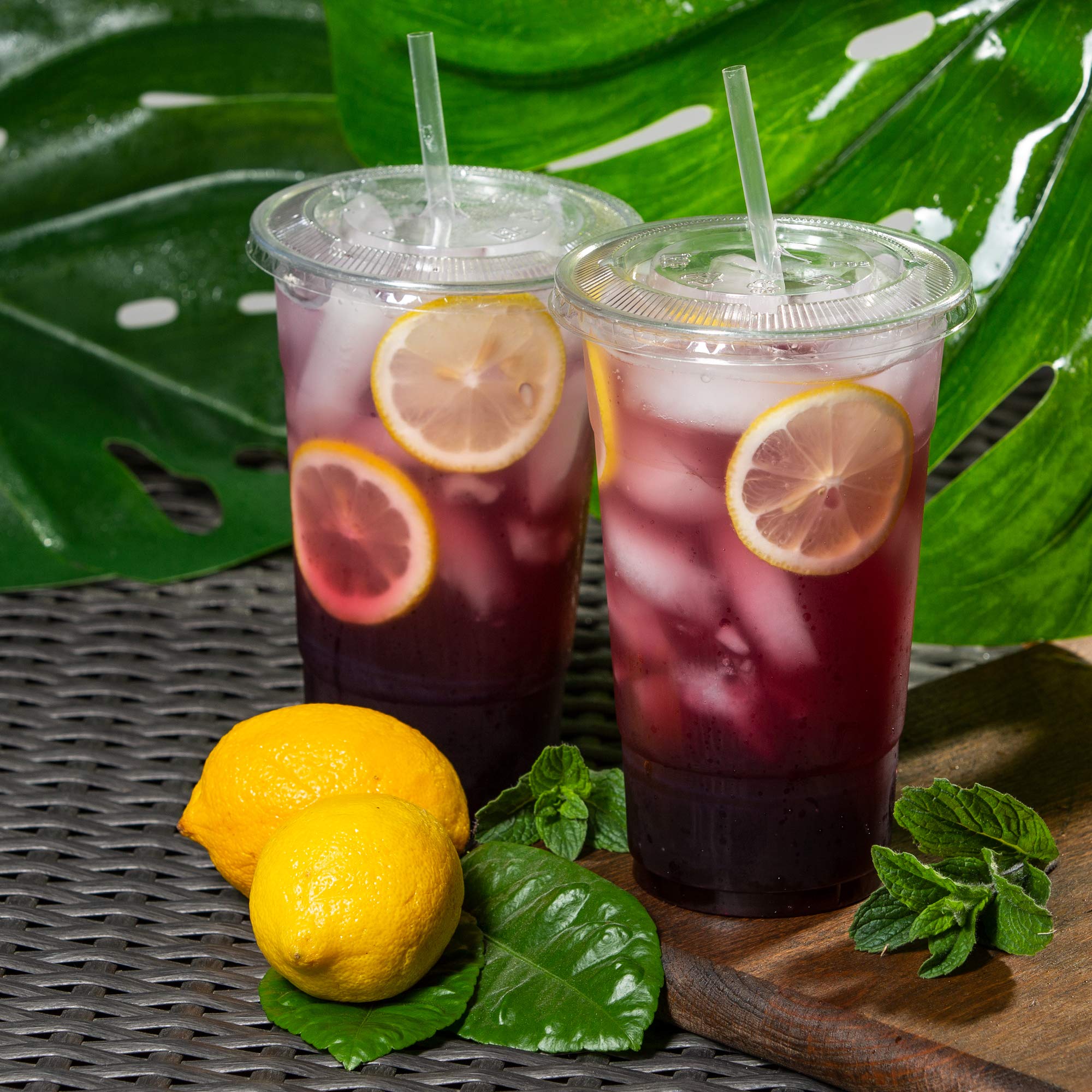 Quiddity Ware 100 Sets (16Oz) Disposable Crystal Clear Plastic Cups With Flat Lids And Straws