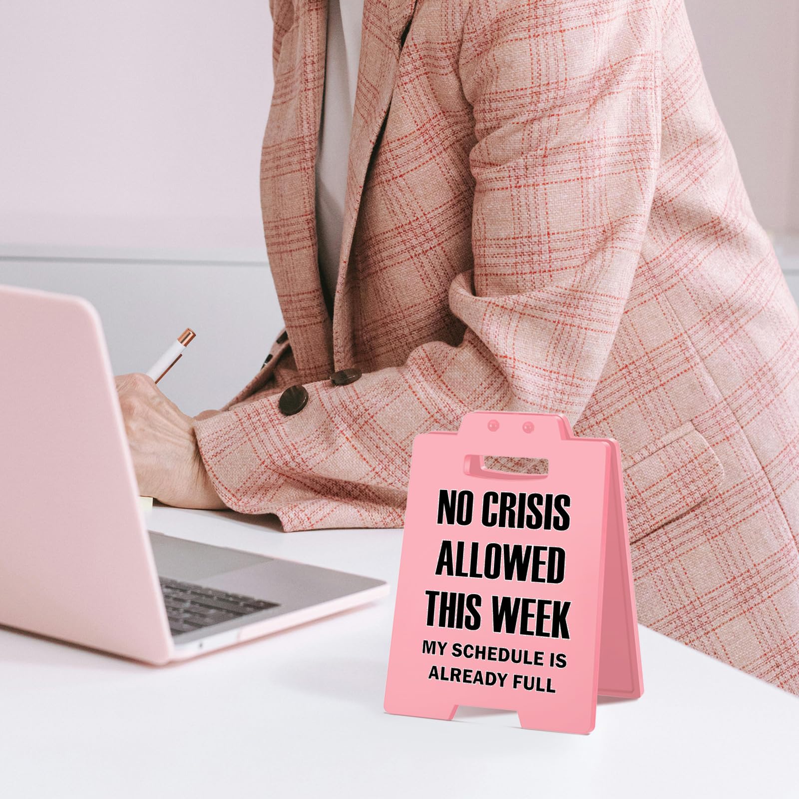 Funny Pink Desk Sign - NO CRISIS ALLOWED THIS WEEK Office Decor for Women - Cute Cubicle Sign, Work Desk Accessory, Gag Gift for