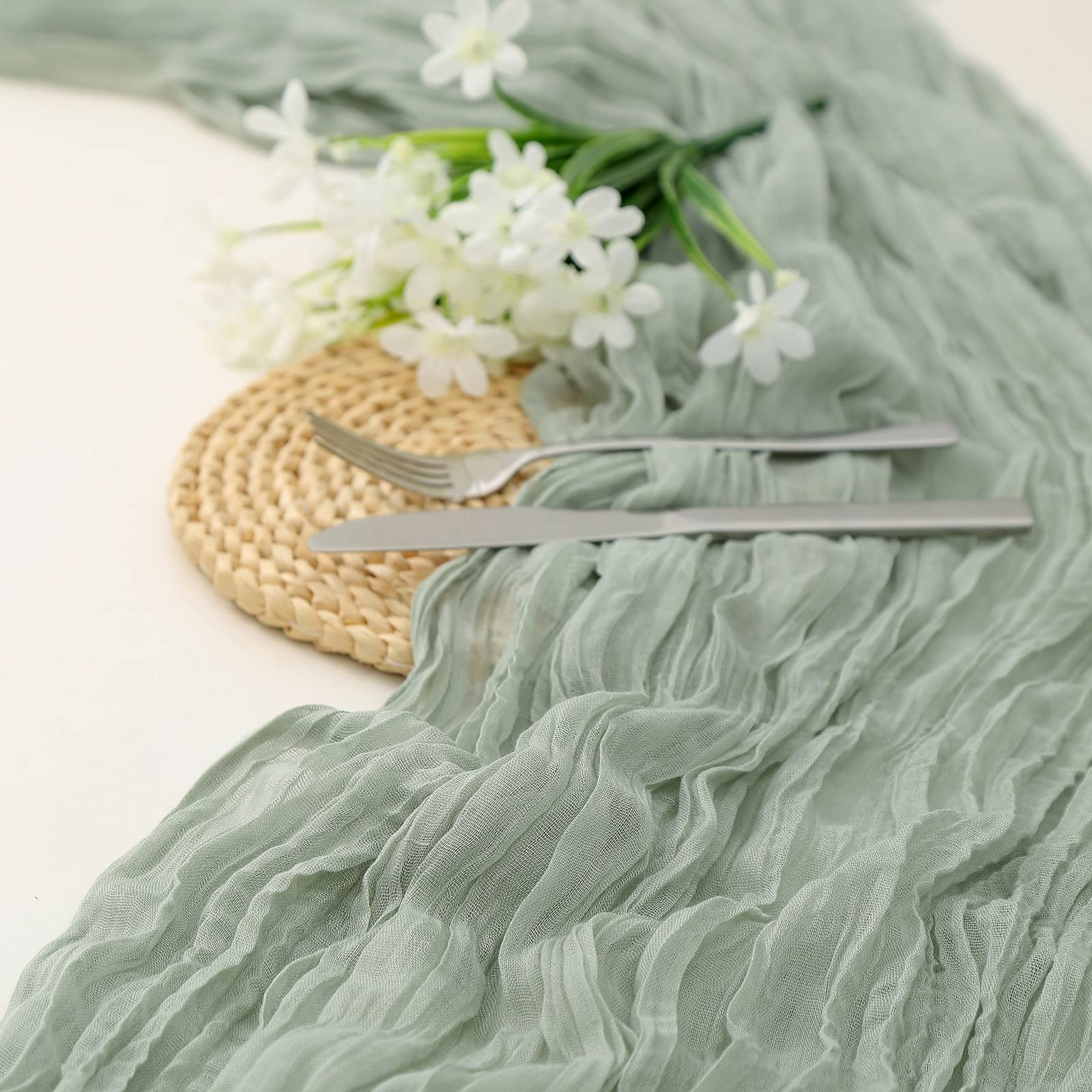 Dolopl 8Pcs Sage Green Cheesecloth Table Runner Bulk 13.3Ft Boho Gauze Cheese Cloth Table Runner Rustic Sheer Runner 160Inch Lon