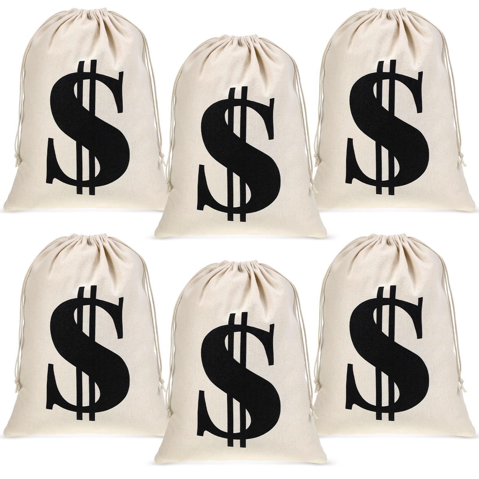 Sunnymove 6 Pcs Large 11.8 x 15.7 Inches Money Bag Prop Canvas Drawstring Money Bag Dollar Sign Carrying Sack for Bank Robber Pi