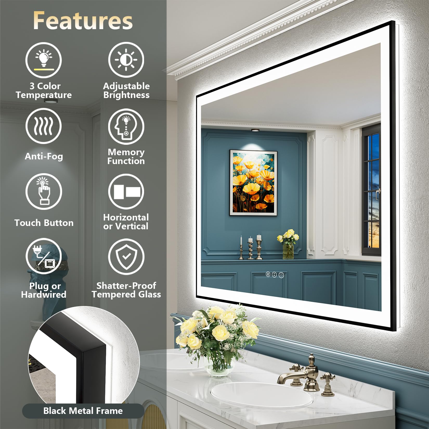 Awandee 55X36 Led Bathroom Mirror With Lights, Black Framed Front And Backlit Led Mirror For Bathroom, Anti-Fog Lighted Mirror,