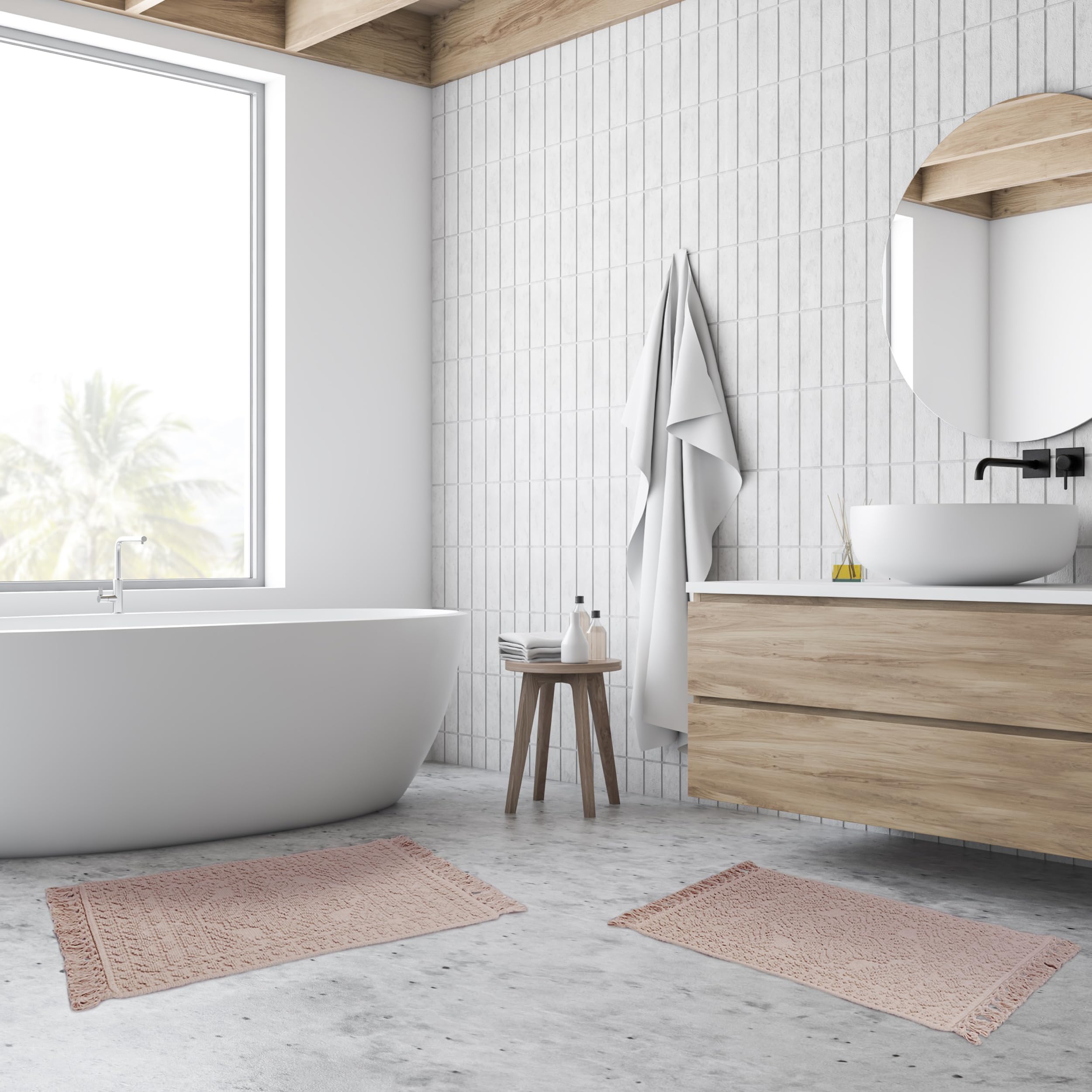 French Connection Nellore Bathroom Rugs, Set Of 2 Woven And Beaded Bathroom Mats, Durable Non-Slip Bath Rugs, Thick Bath Mats Fo
