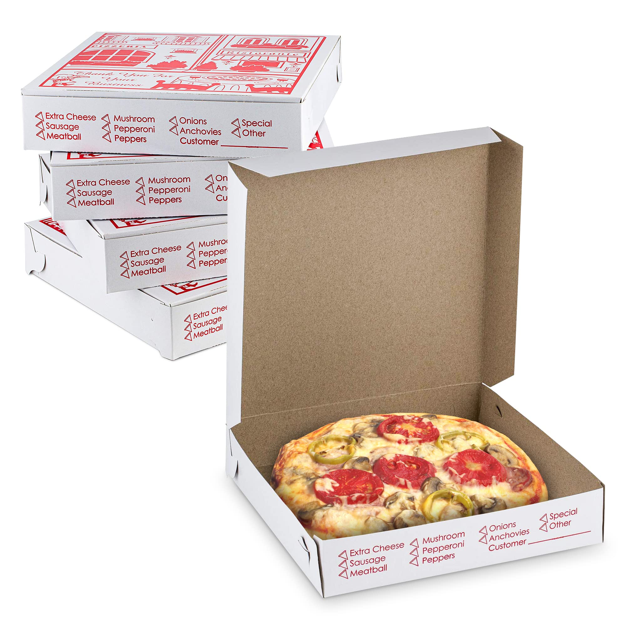 Mt Products 10'' Length X 10'' Width X 2'' Depth Lock Corner Clay Coated Thin Pizza Box (10 Pieces) - Made In The Usa