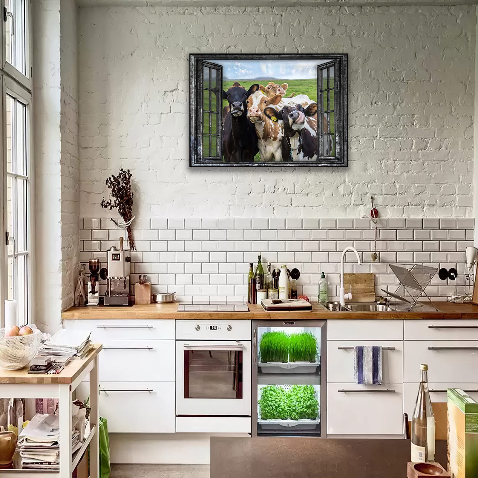 exroozy Rustic Cow Wall Art Funny Cows Window Pictures Wall Decor Farmhouse Cow Canvas Painting Print Modern Artwork Country Room Decor Framed Ready to Hang for Living Room Bathroom Office 16''x12''