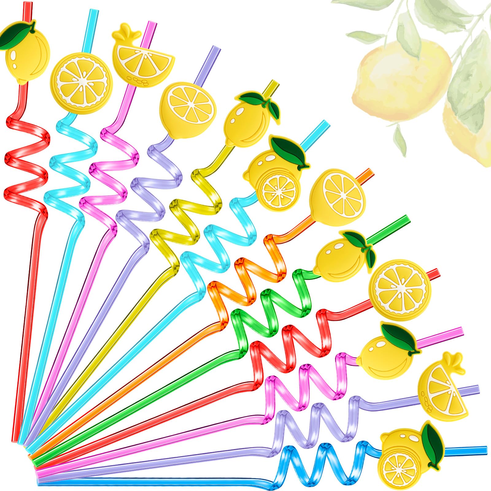 FillTouch 24 Pcs Amalfi Coast Lemon Party Straws Capri Lemon Party Positano Reusable Silly Straws for Baby Shower Summer Mediter