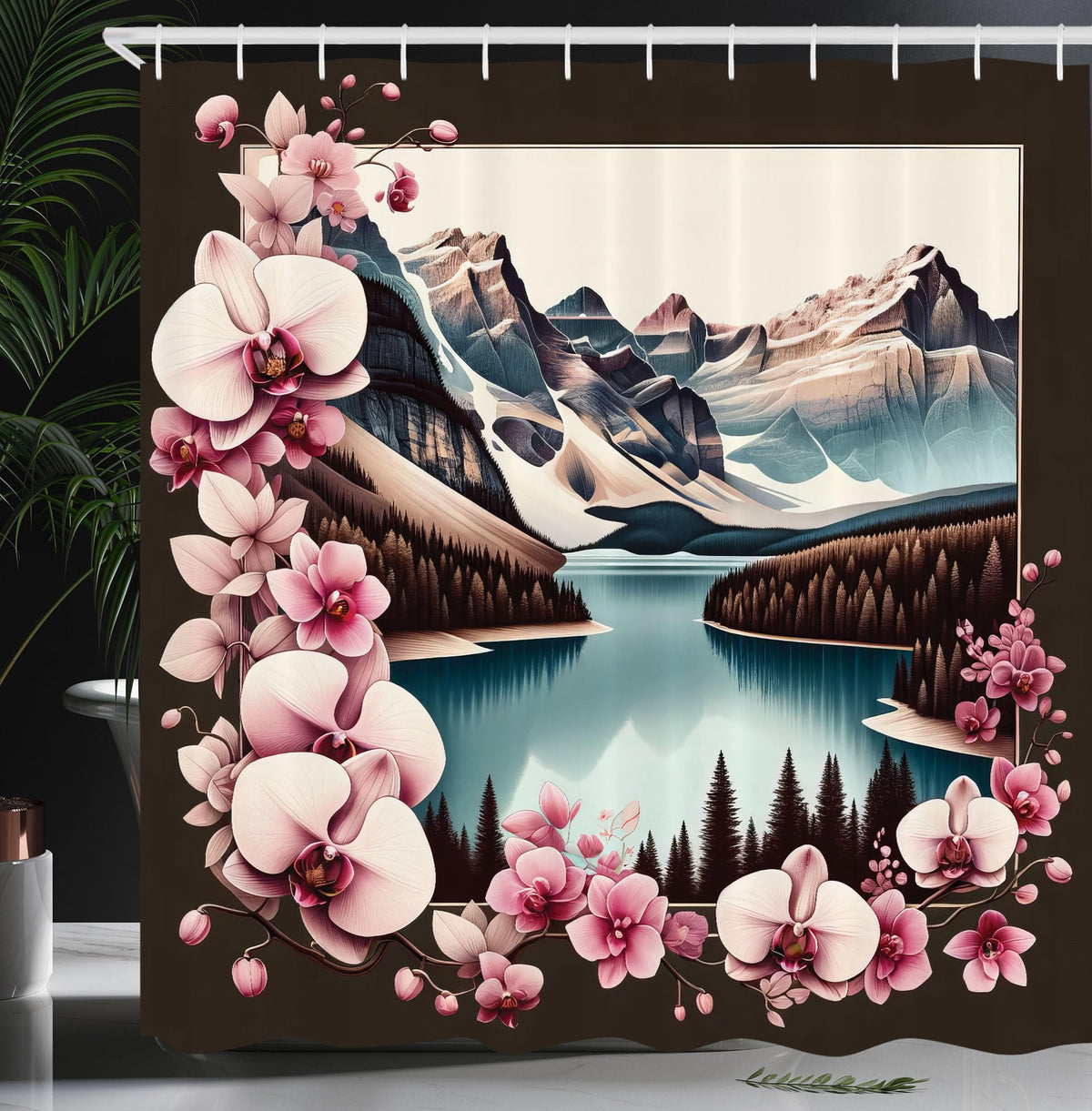 Ambesonne Lake Shower Curtain, Orchid Branches Around Mountain Landscape Spring Joy Outdoorsy View, Cloth Fabric Bathroom Decor