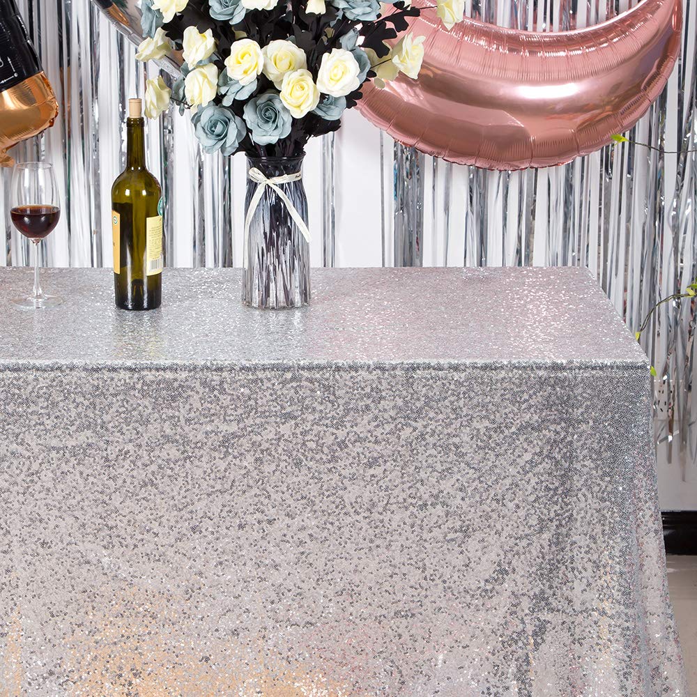Jyflzq Silver Sequin Tablecloth 50 X 80 Rectangular Sparkly Drape Table Cloths Table Cover Overlay For Christmas Wedding Birthda