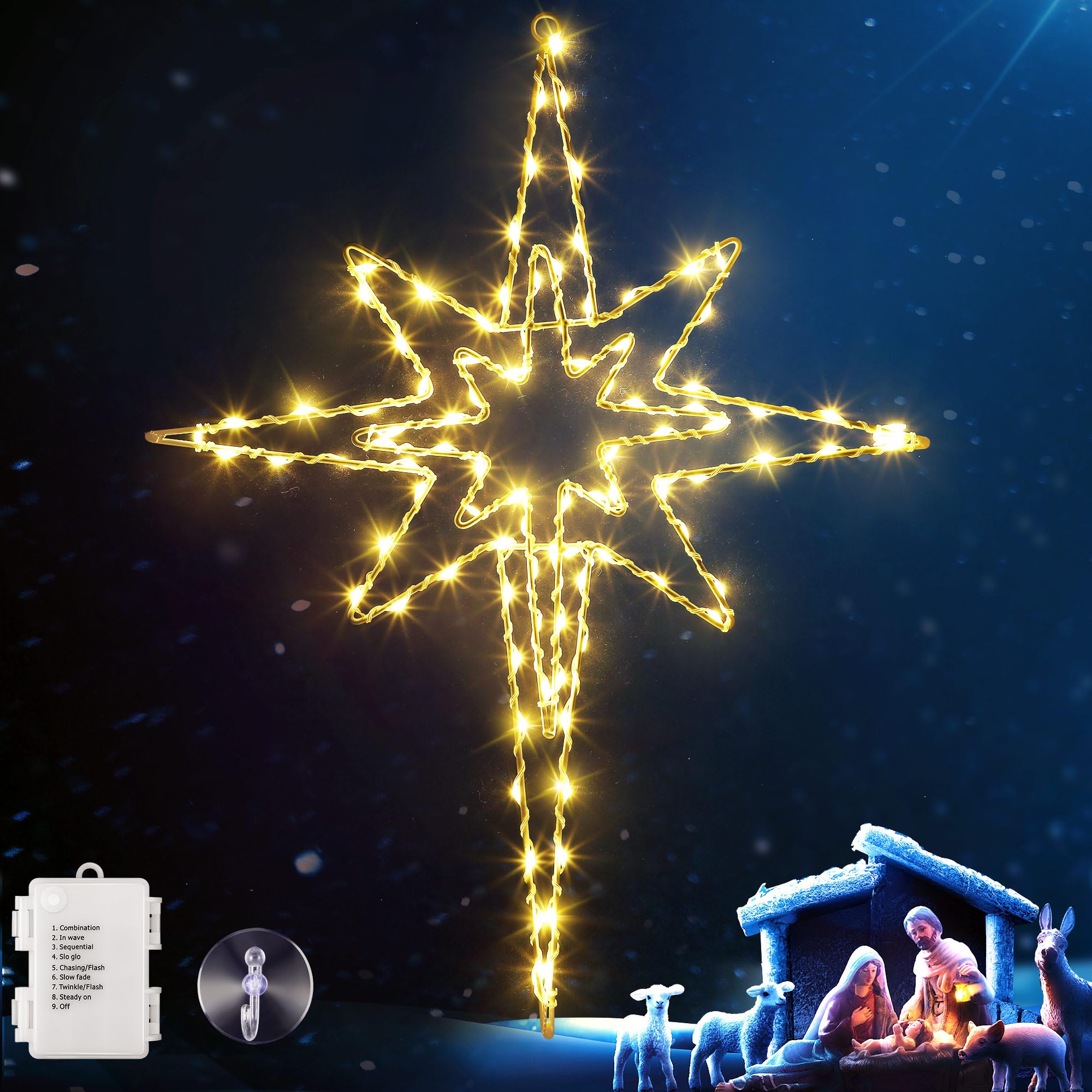 Hiboom 24 in Large Christmas Window Light Decorations 8 Mode Bethlehem Star Light Window Silhouette with Timer, Star of Bethlehe