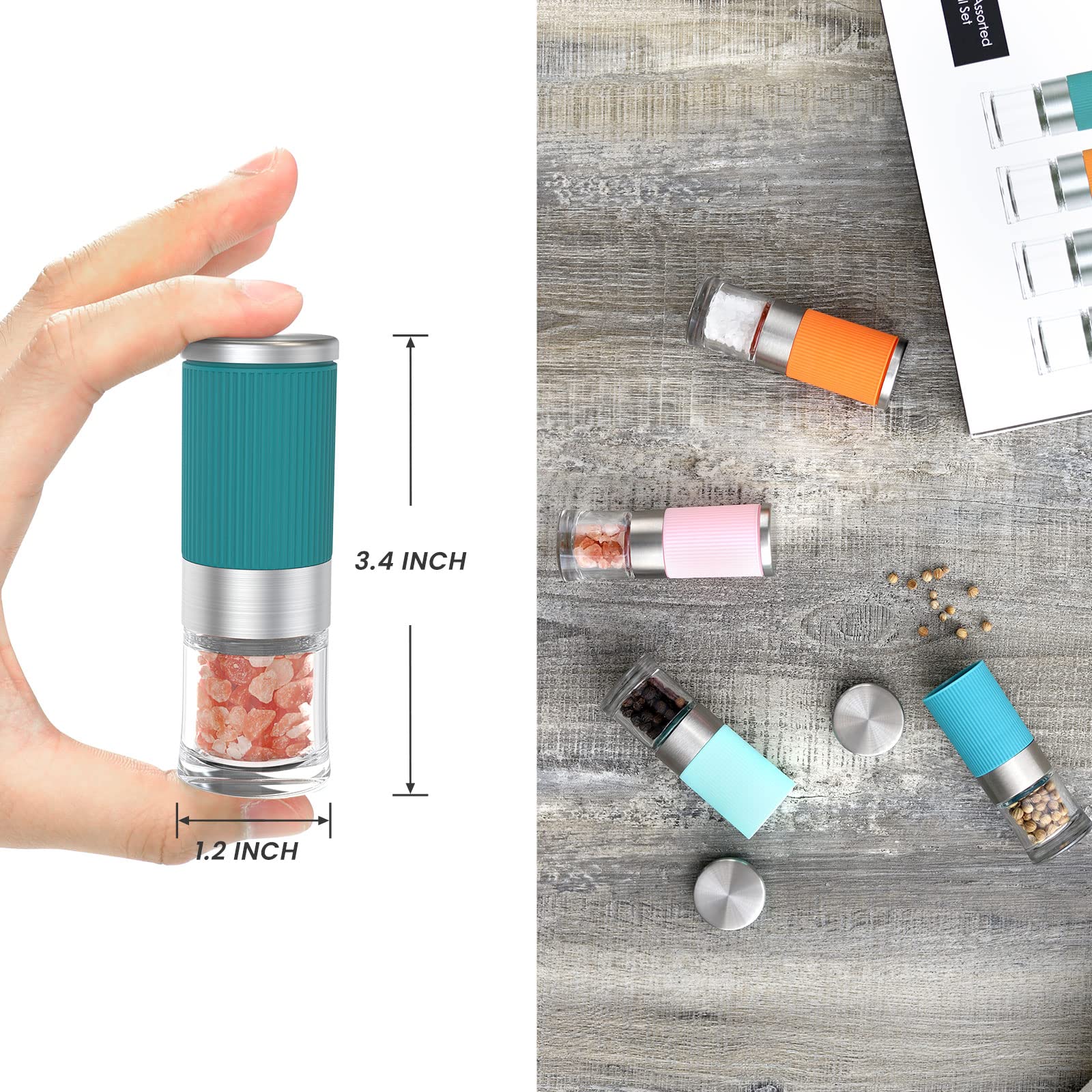 Vevok Chef Small Salt And Pepper Grinder 4Pcs Portable Mini Glass Salt Spices Grinder Ceramic Salt Black Pepper Shakers Tiny Pep