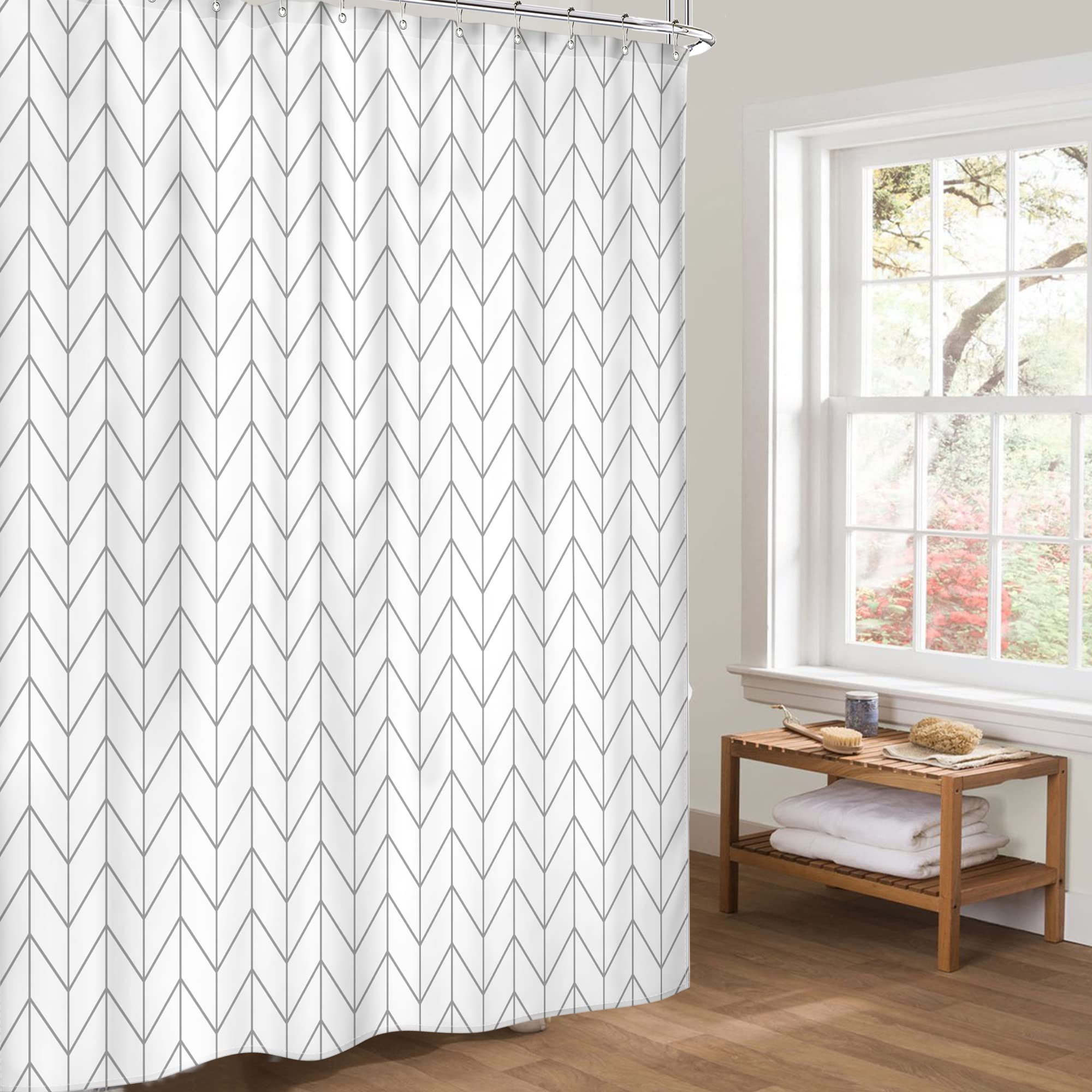 Riyidecor Geometric Chevron Neutral Shower Curtain for Bathroom White Grey Herringbone 72Wx72H Inch Striped Simple Modern Classy Contemporary Decor Fabric Set Polyester Waterproof
