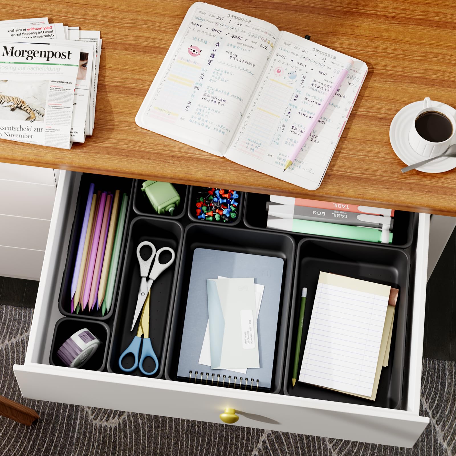 45 Pack Desk Drawer Organizer Tray, 3 Sizes Plastic Drawers Organizer Storage for Kitchen, Bathroom, Office, Vanity, Makeup, Ute