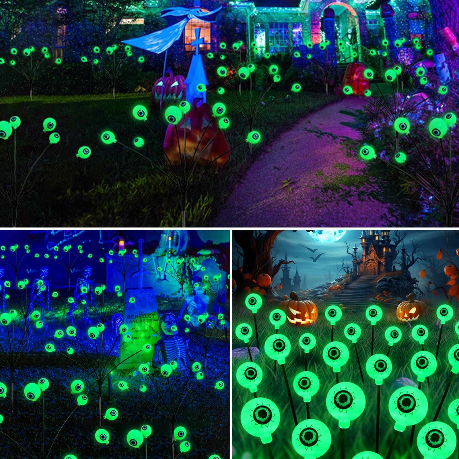 Solar Eyeball Lights Outdoor Waterproof 4 Pack 32 LED Halloween Eyeball Lights 8 Modes Scary Spooky Eyeballs Swaying Green Solar