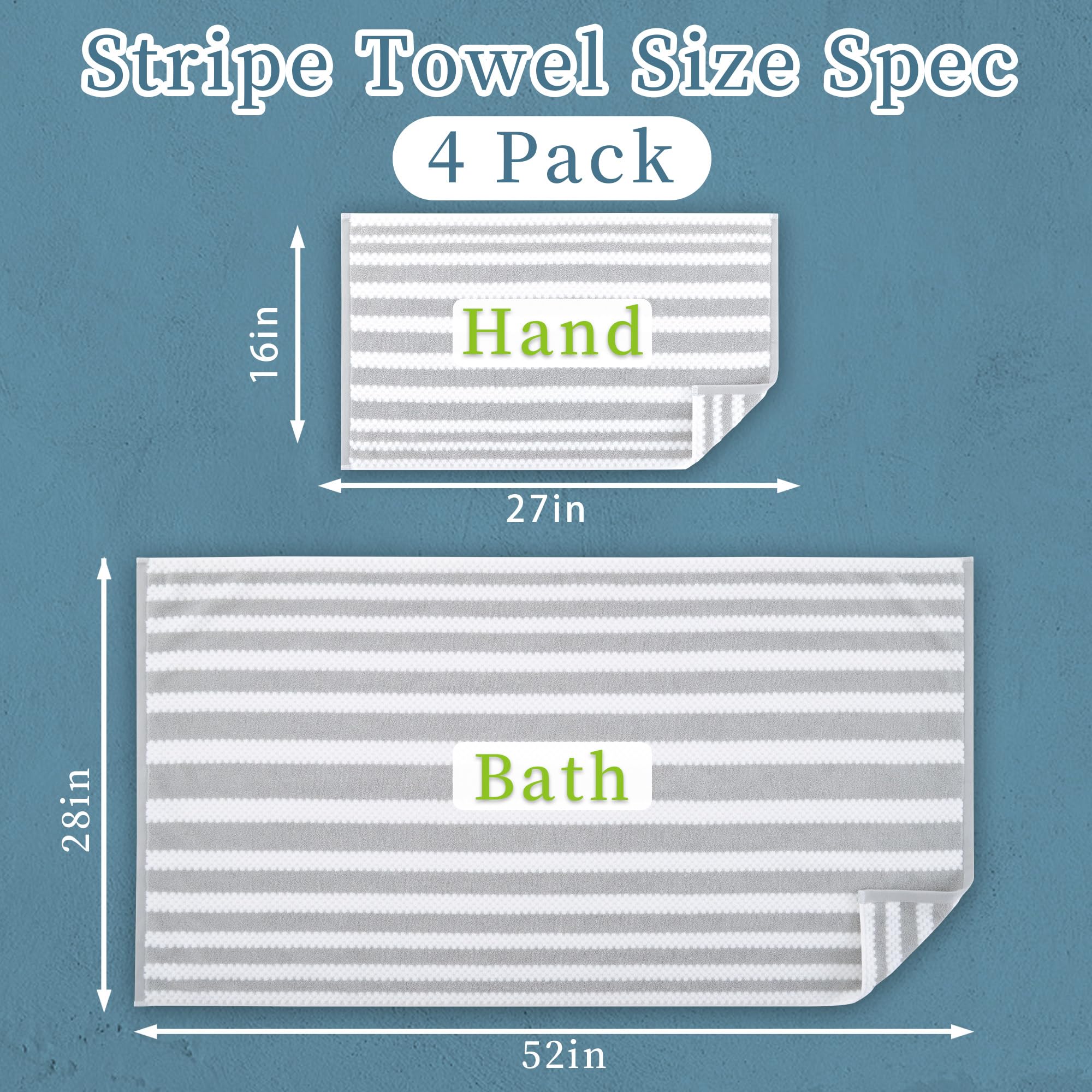 Bathroom Hand Towels, 4Pc 16''X27'' - 100% Cotton | Soft | Quick Dry | Absorb | Lightweight, Waffle Bathroom Hand Towels, Stripe