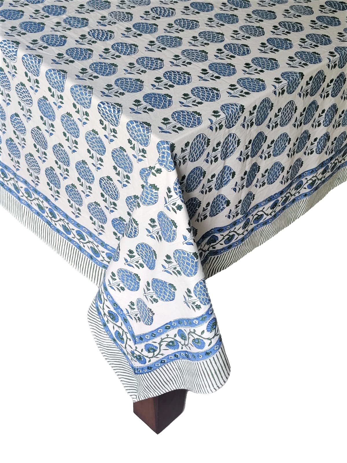 Atosii Roma Blue 100% Cotton Boho Rectangle Fall Tablecloth, Handblock Floral Print Table Cloth Linen For Kitchen Dining I Parti