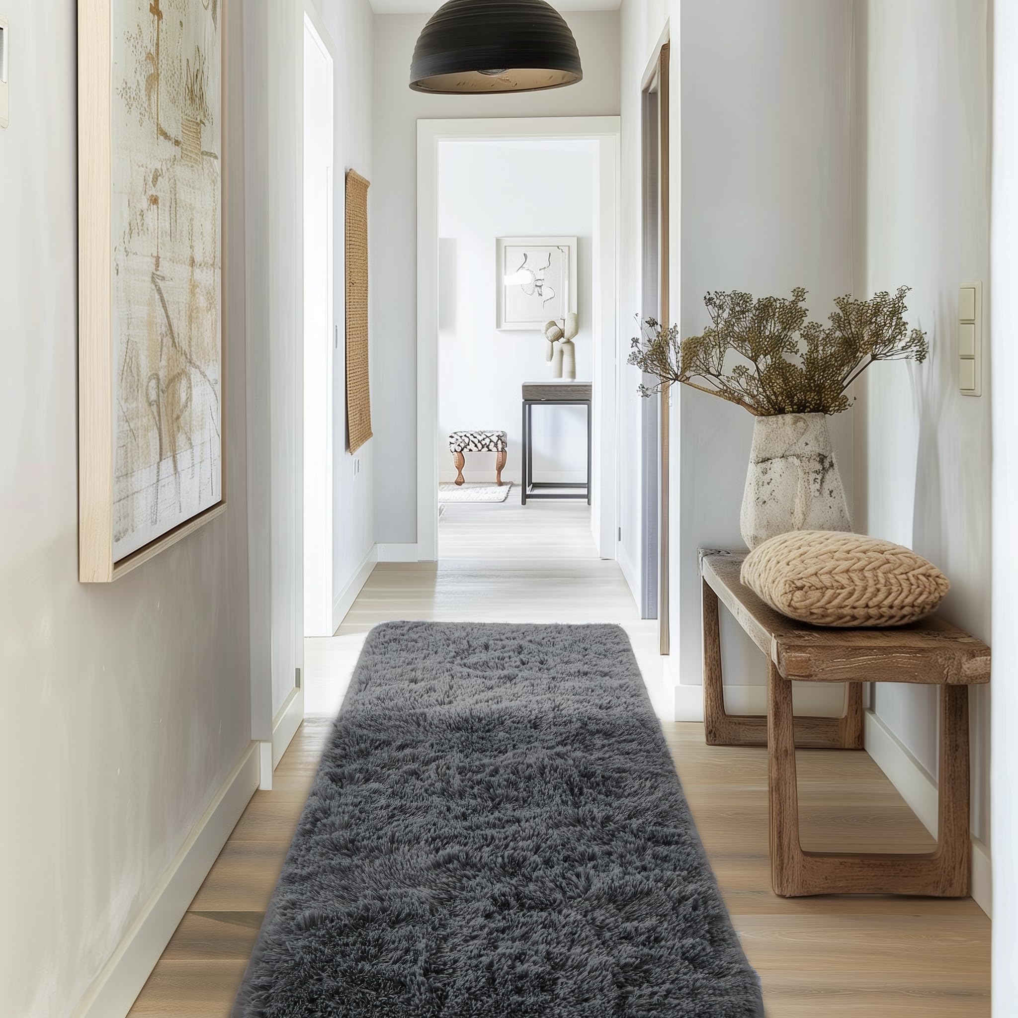 Ophanie Runner Rug for Hallway, 2x6 Bedroom Grey Bedside Rugs, Non Slip Fluffy Soft Shaggy Carpet for Kids Girls Boys Home Decor