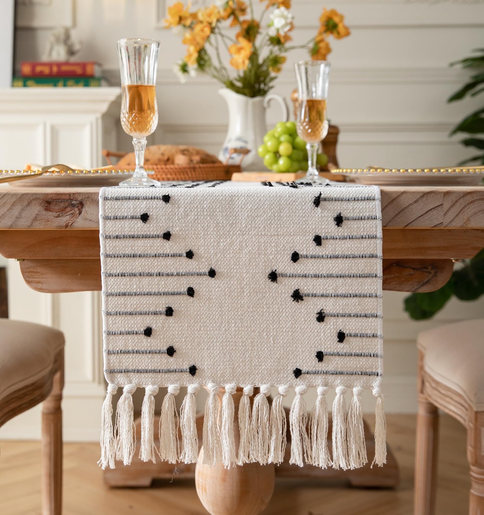 Boho Table Runner 13 x 48 Inch Long Natural Cotton Woven Runner with Tassels for Home Dining Table d  cor, for Modern Farmhouse 