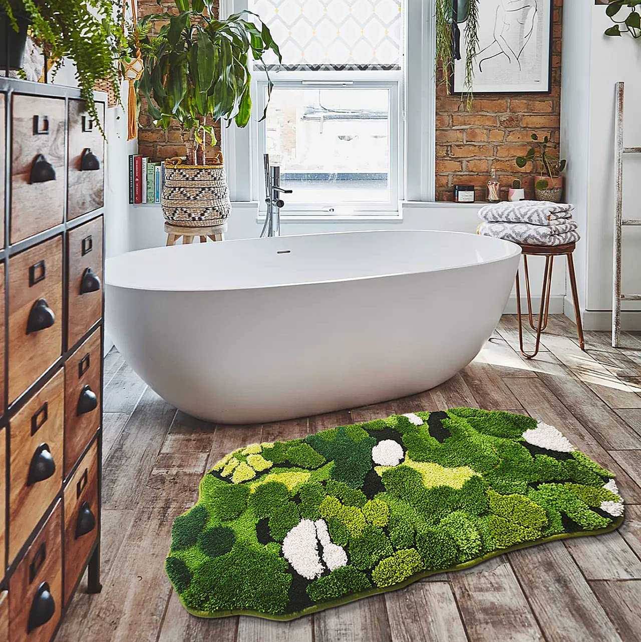 Hifuwan Cute Green Moss Bathroom Runner Rug Long Rectangular Boho Aesthetic Leaf Leaves Bath Mat Shaggy Non Slip Absorbent Showe
