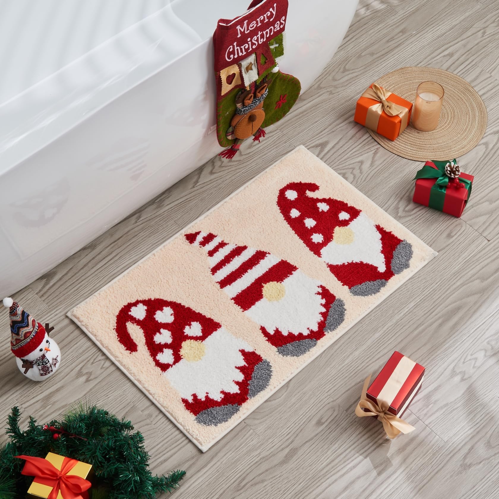Douceur Christmas Gnome Bathroom Rugs, Cute Beige Bath Mat, Christmas Bathroom D Cor Non Slip Bath Rugs, Soft And Absorbent Wash
