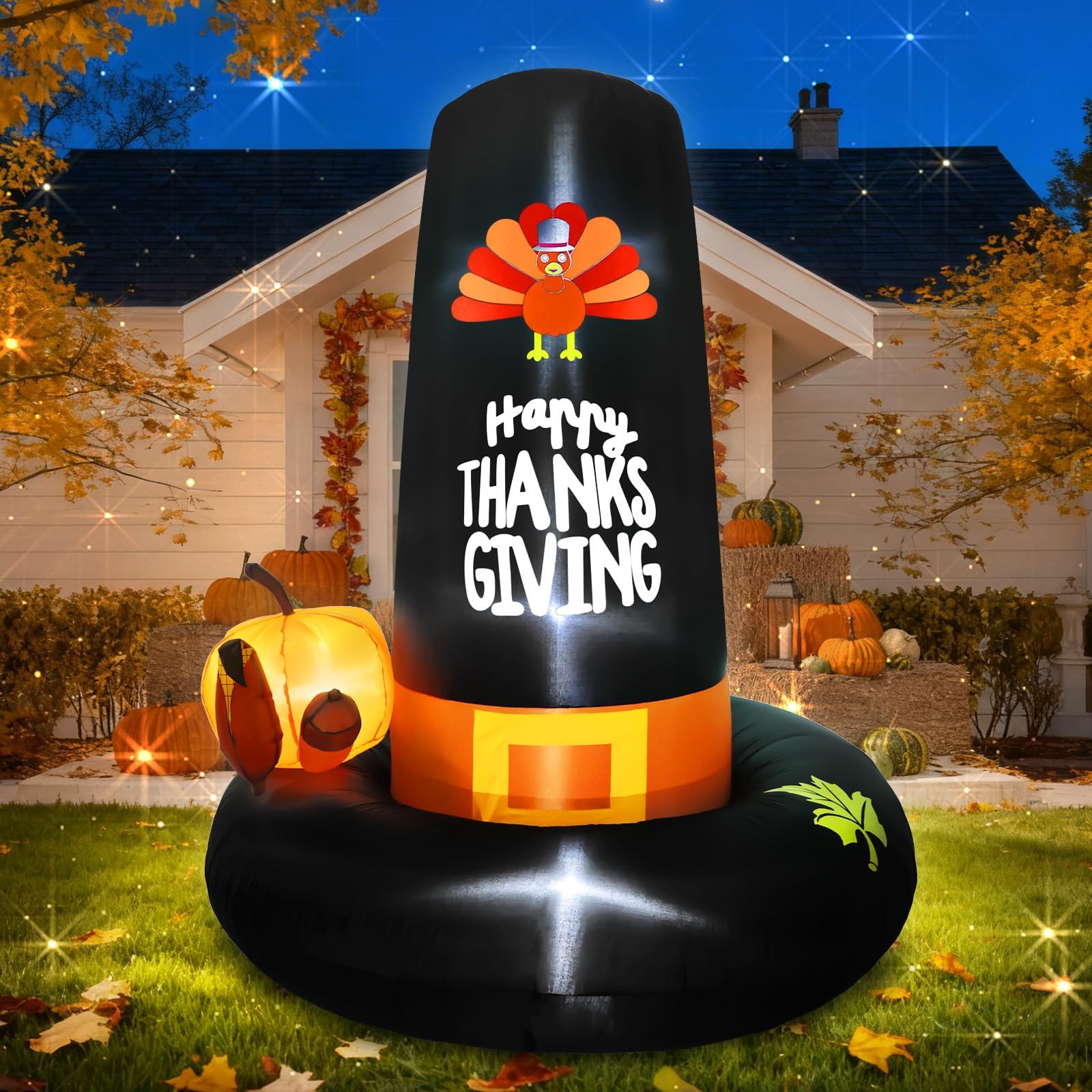 Inflatable Turkey Pilgrim Hat Lawn Decorations Thanksgiving Inflatable Outdoor Yard Decoration 6FT Giant Blow Up with LED Lights