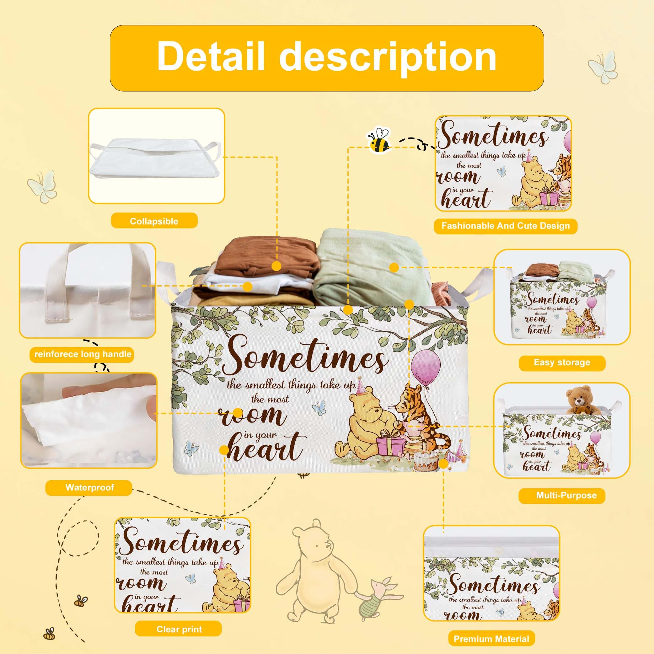 Winnie Nursery Decor, The Pooh Baby Stuff, Winnie Storage Nursery Basket, Large Squarecanvas Laundry Hamper With A Waterproof Pe