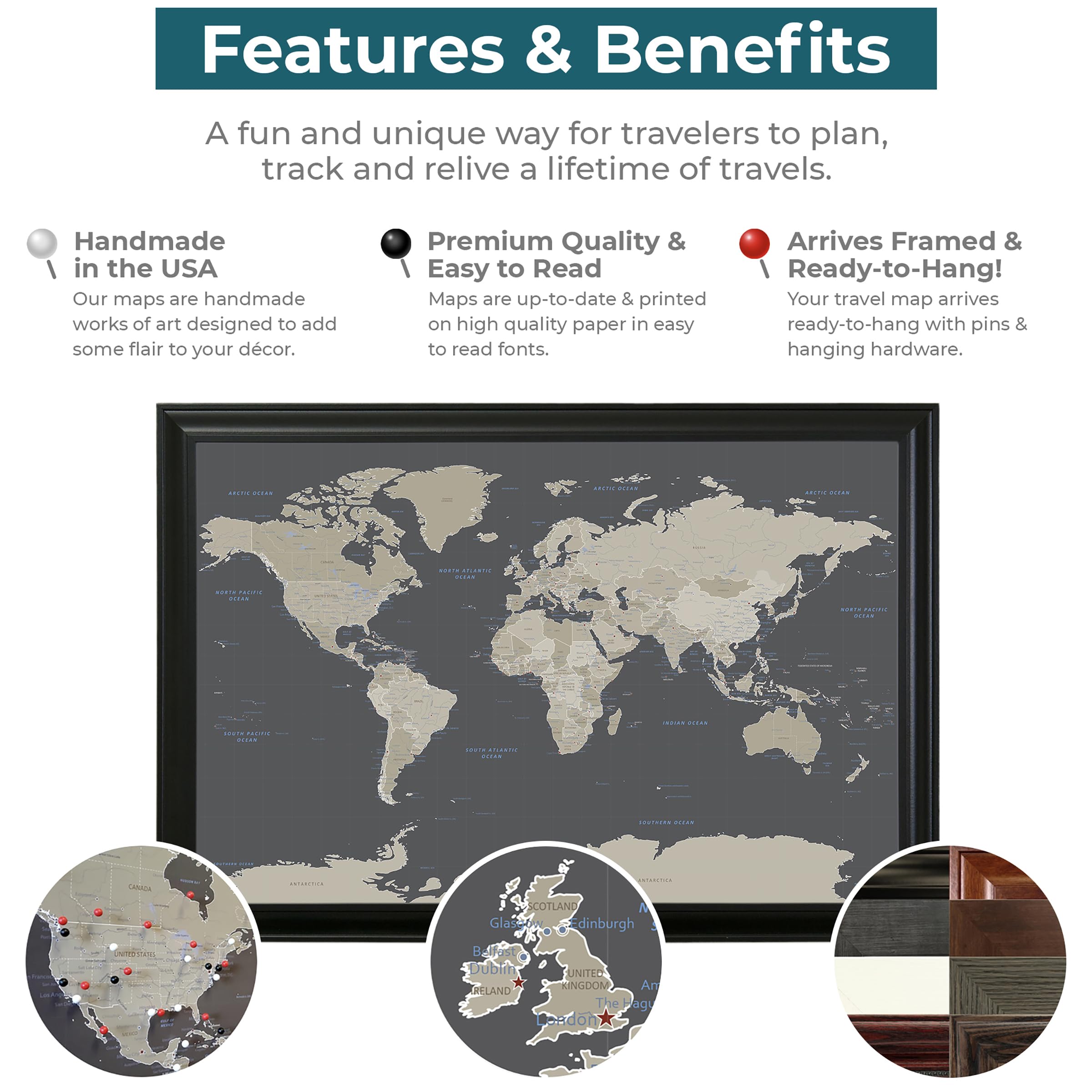 Personalized Earth Toned World Push Pin Travel Map With Barnwood Gray Frame And Pins - 27.5 Inches X 39.5 Inches