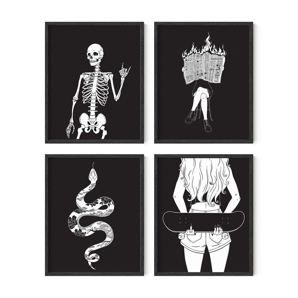 Haus And Hues Edgy Black And White Art Prints Set Of 4 - Black And White Halloween Wall Art For Teen Girls, Gothic Bedroom Decor