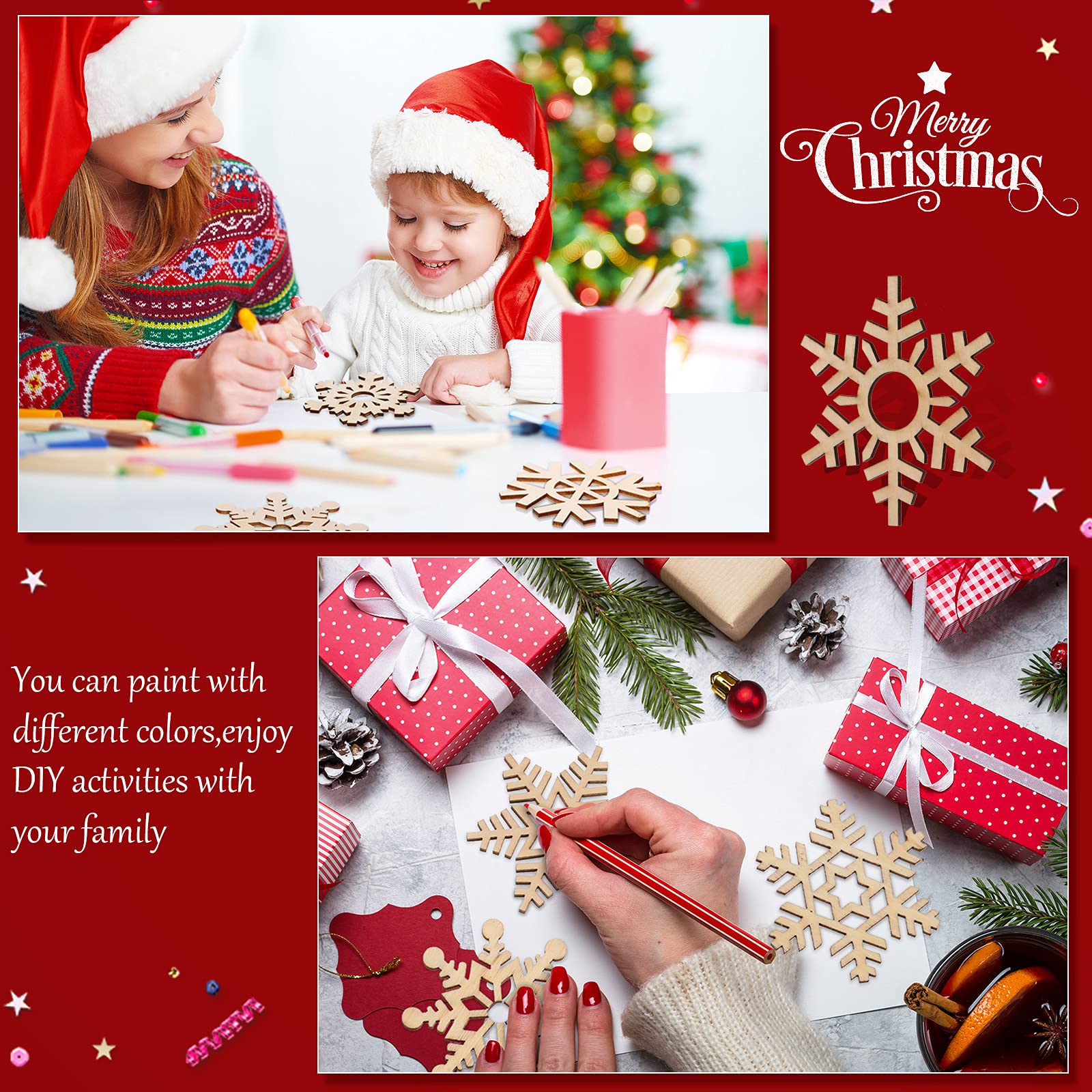 100 Pcs Christmas Unfinished Wooden Snowflake Ornaments Snowflake Hanging Cutouts Blank Wood Slices with Cord Craft Embellishmen