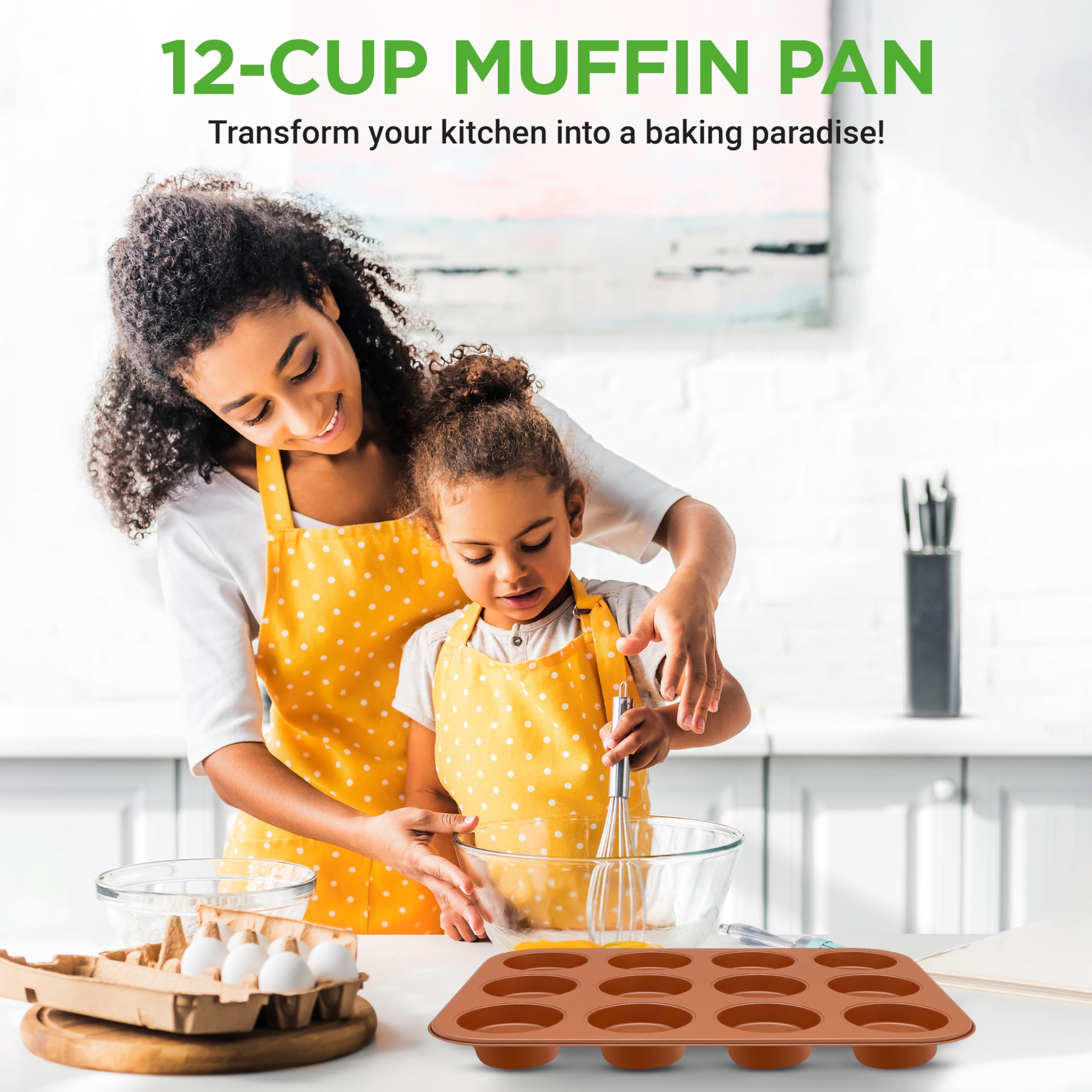 Nutrichef 12-Cup Copper Oven Muffin Pan, Non-Stick Coated Layer Surface, Even Heating Muffin Tray For Muffins, Cupcakes, Pastrie