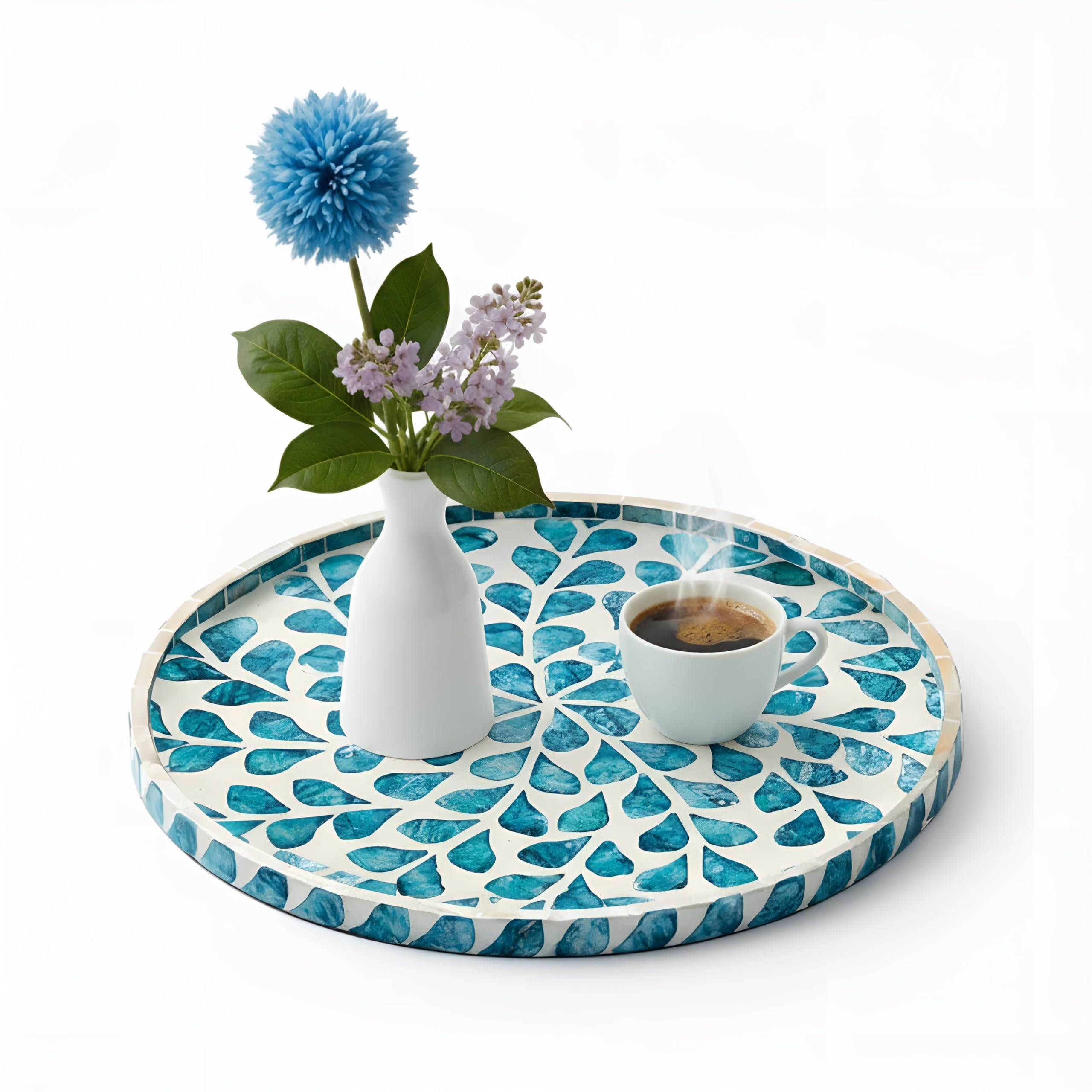 Chunful Mother Of Pearl Round Serving Tray 10 Inch Wood Coffee Table Tray For Tea Breakfast Kitchen Cabinet(Teal Floral Style)