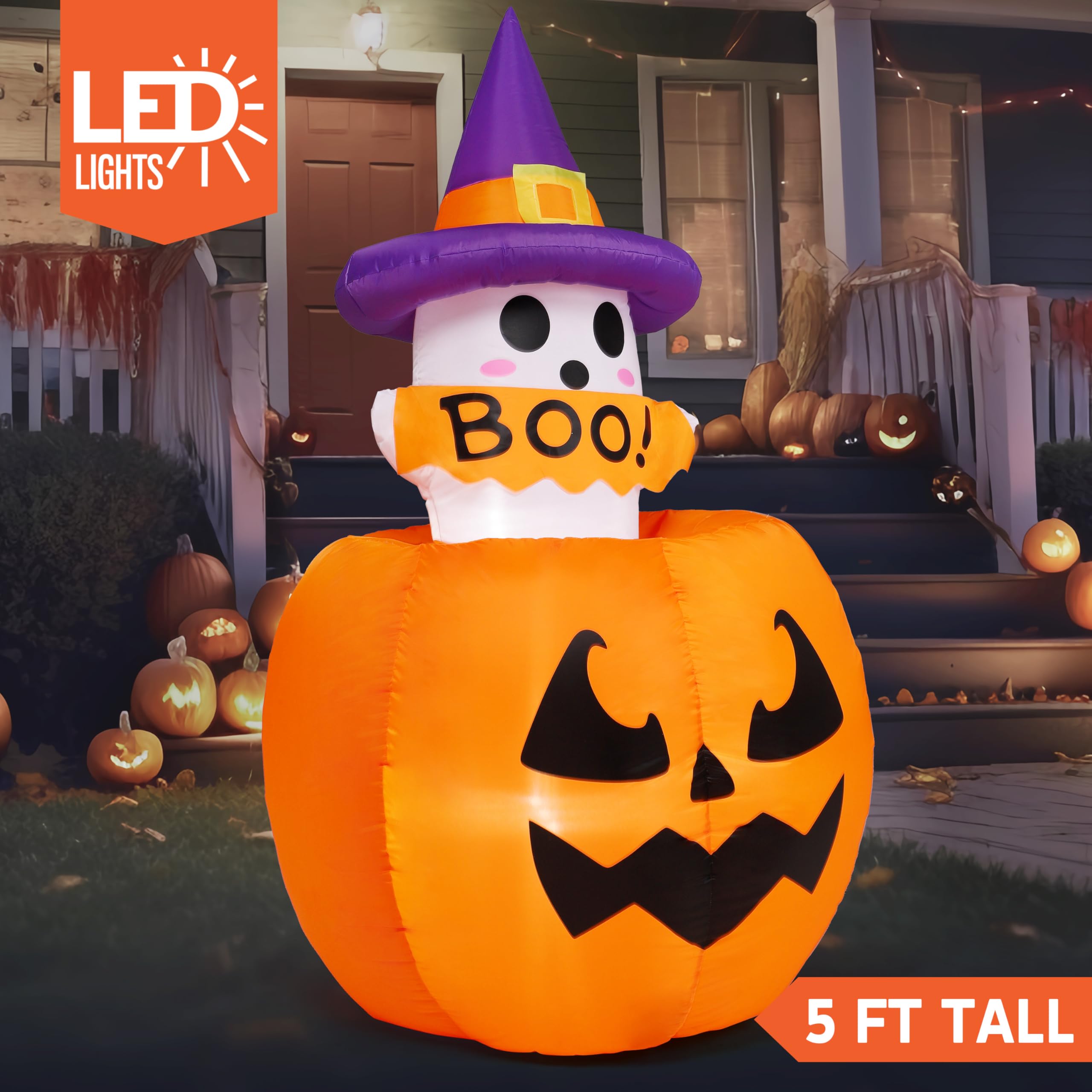 Joiedomi 5ft Tall Halloween Animated Inflatables Outdoor Decorations, Inflatable Ghost on Pumpkin with LEDs, Cute Blow Up Pumpki