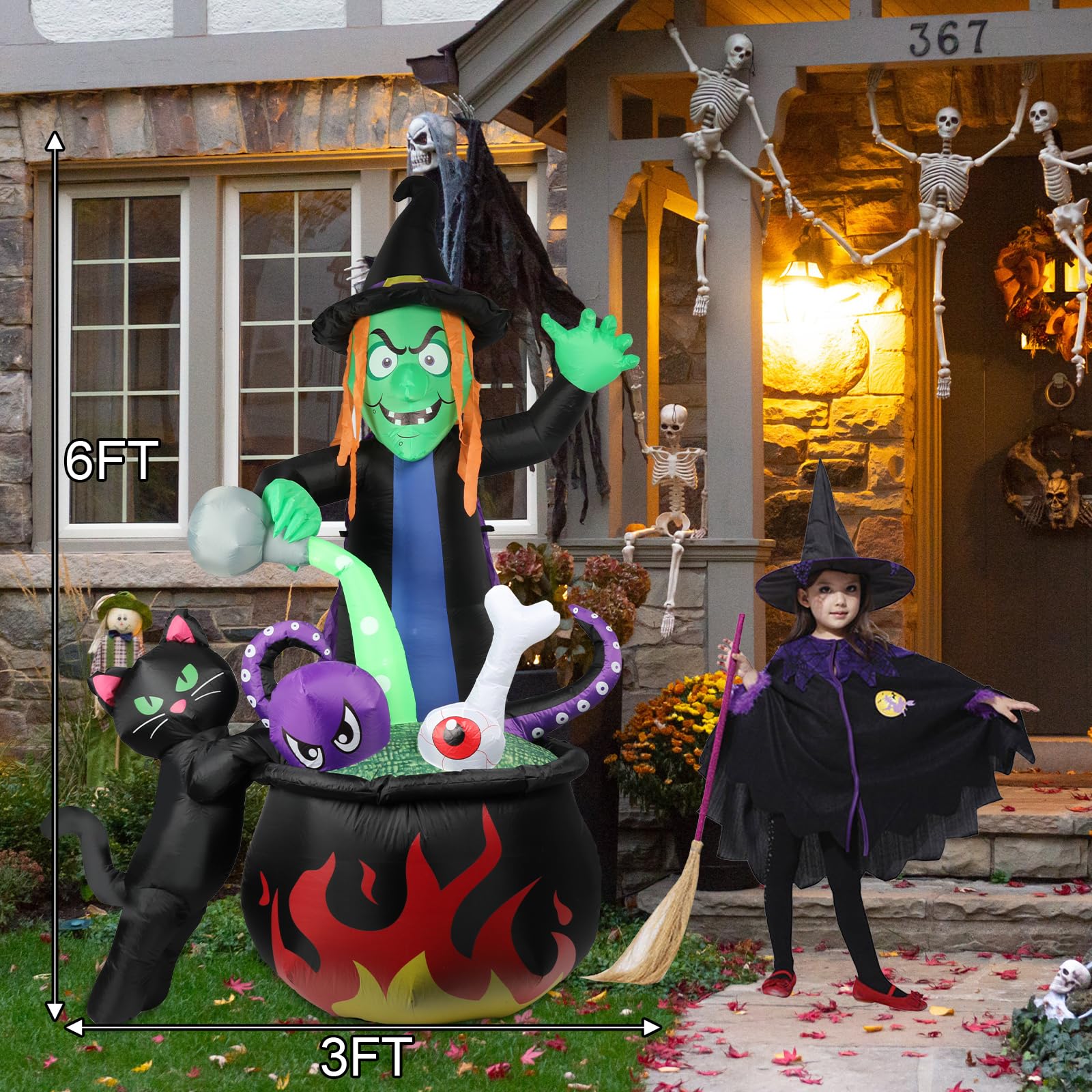 Halloween Inflatable Witch with Cauldron Pot 6FT Halloween Blow Up Inflatables Outdoor Decorations with Build-in LEDs for Home Y