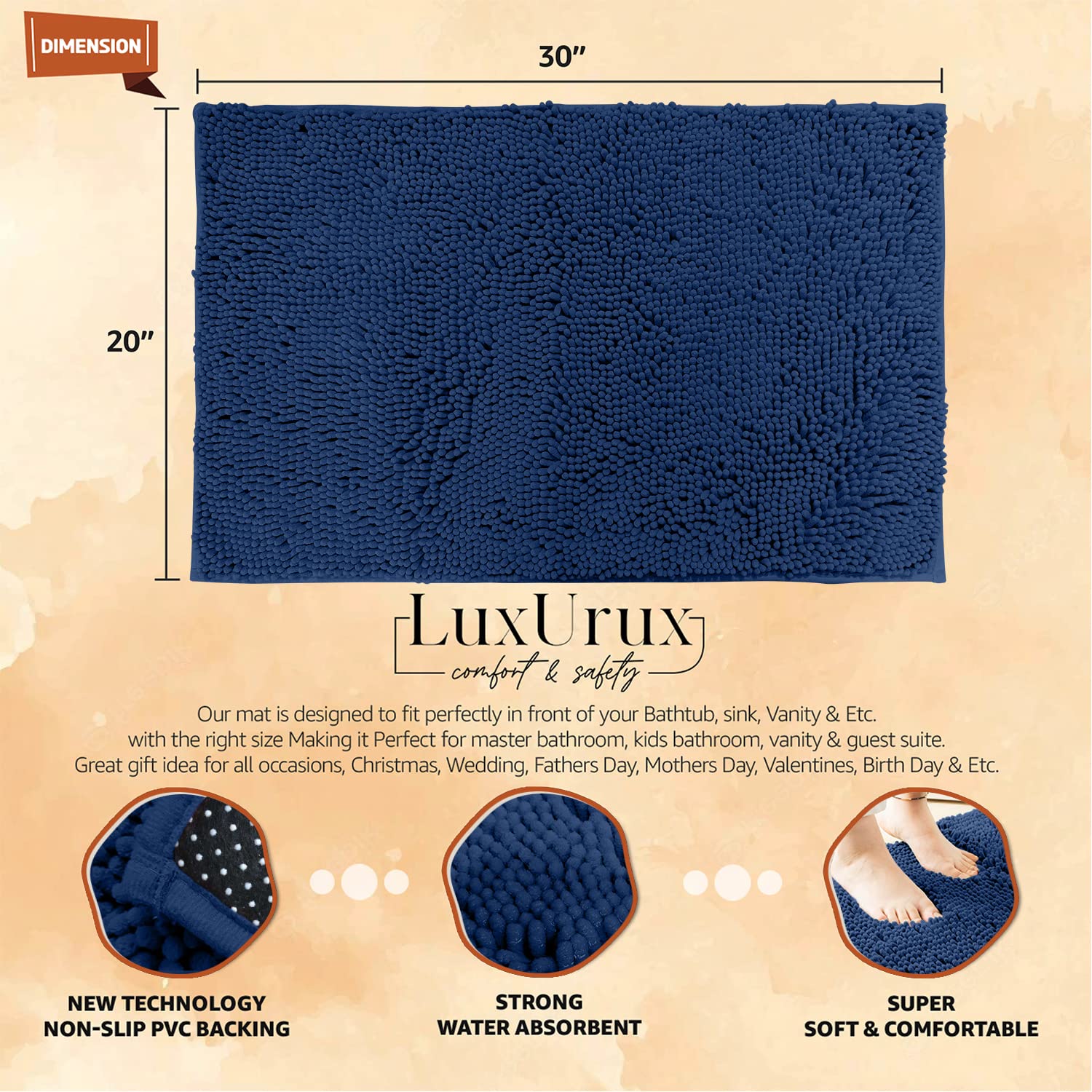 LuxUrux Blue Bathroom Rugs -Extra-Soft Plush Bath Mat Shower Bathroom Rug 1 ' ' Chenille Microfiber Material  Super Absorbent Shaggy Bath Rug. Machine Wash & Dry (20 x 30  Blue)