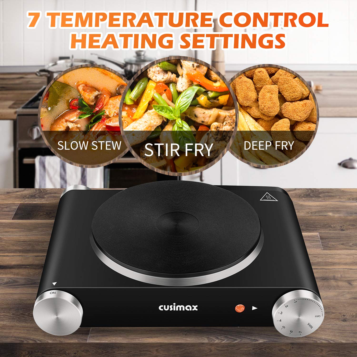 Cusimax Electric Burner Hot Plate For Cooking Cast Iron Hot Plates, Adjustable Temperature Control, Non-Slip Rubber Feet Stainle