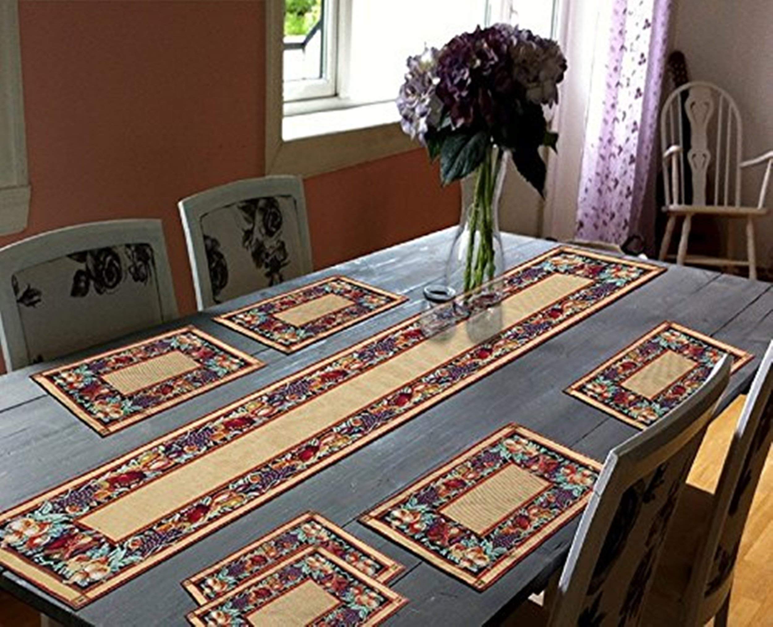 HOME UTSAV Jacquard Cotton Dining Table Runner with Mats (1 Runner and 6 Mats) Mats 12.5 x 19 & Table Runner 54 x 13,3, Mu