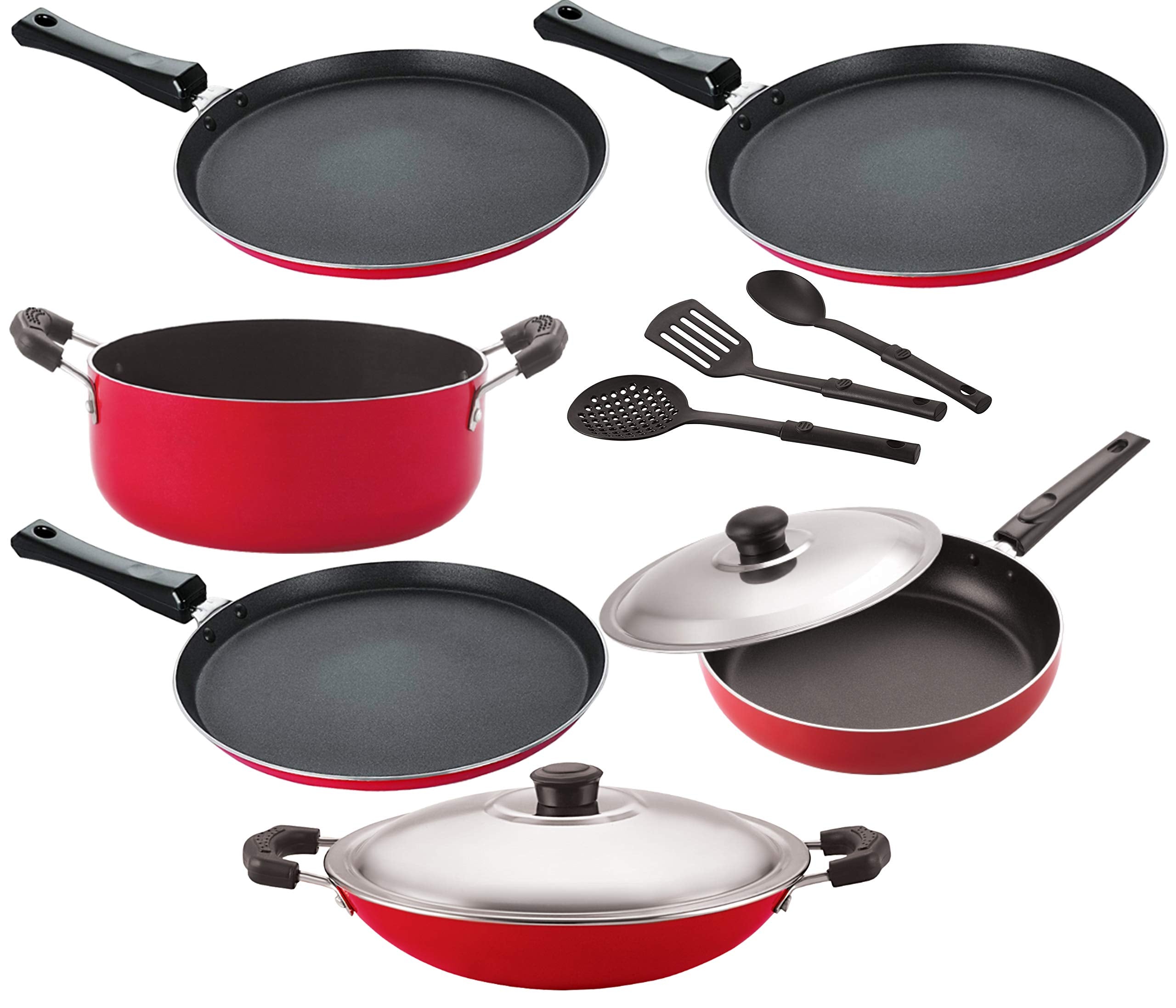 Nirlon Non Stick Cookware Pots And Pans Set Of 9 Pieces (26_Ft12_Ft13_Ch_Ft10_Cass20_Fp12_3Spn)