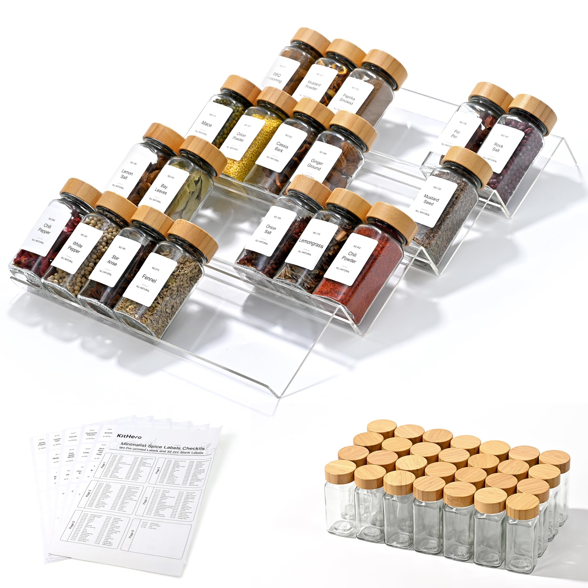 KitHero Acrylic Spice Drawer Organizer with 28 Spice Jars and 216 Labels,Nonslip Rubber, 4 Tier Spice Racks Tray Seasoning Cont