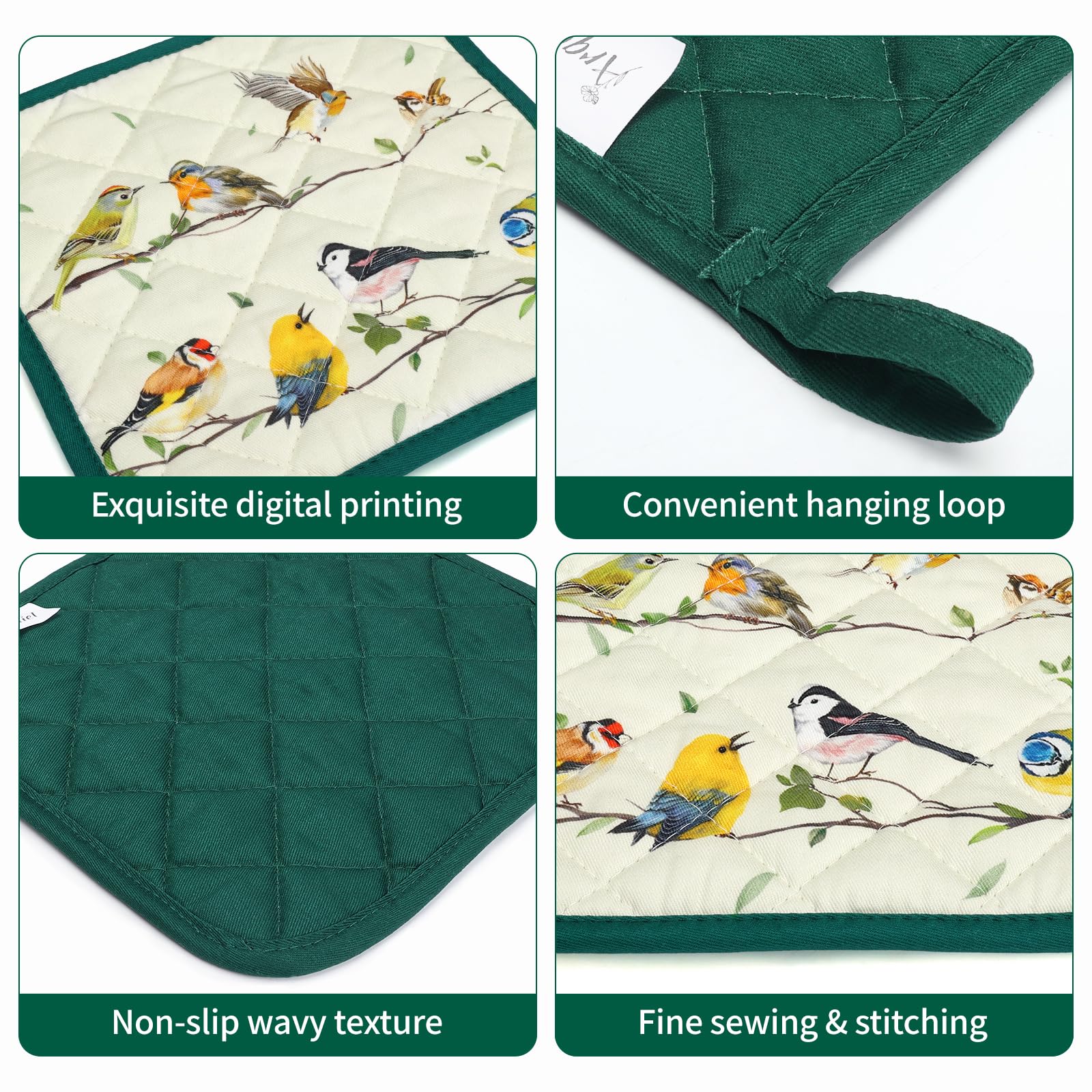 Arquiel Bird Branch Oven Mitts And Pot Holders Sets 2Pcs, 100% Cotton Heat Resistant, Extra Long Oven Gloves Potholder For Kitch