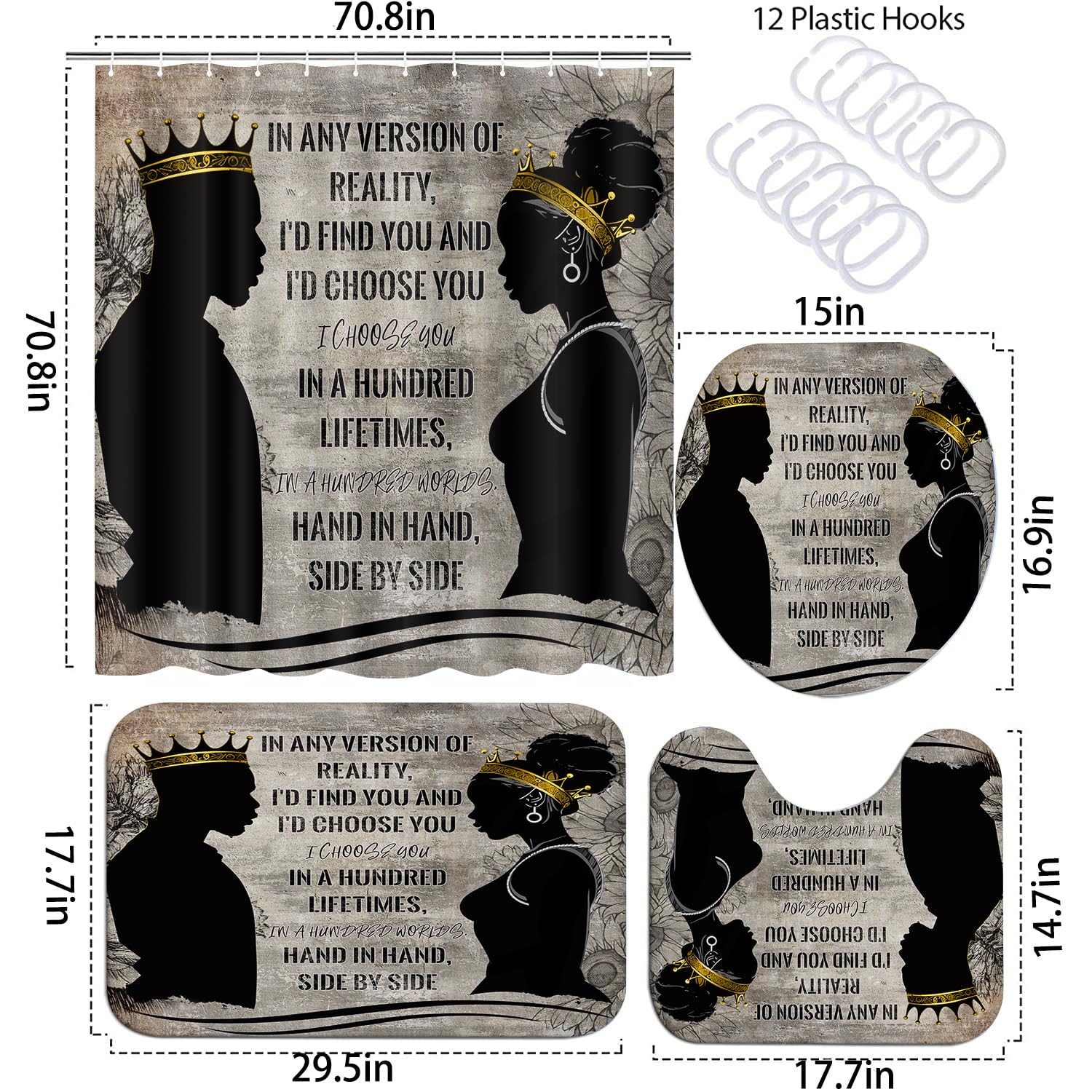 Omebero 4 Pcs Black King Queen Shower Curtain Set, Romantic Words Black Man Women Bathroom Sets With Shower Curtain And Rugs Toi