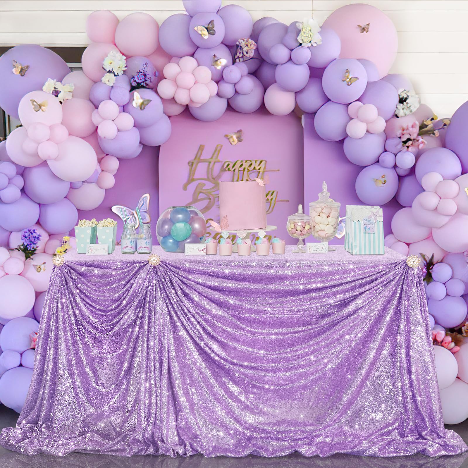 B-COOL Sequin Tablecloth 90x90inch Lilac Square Lavender Sequined Fabric Drapes Shiny Party Tablecloth Glitter Table Cloth Weddi