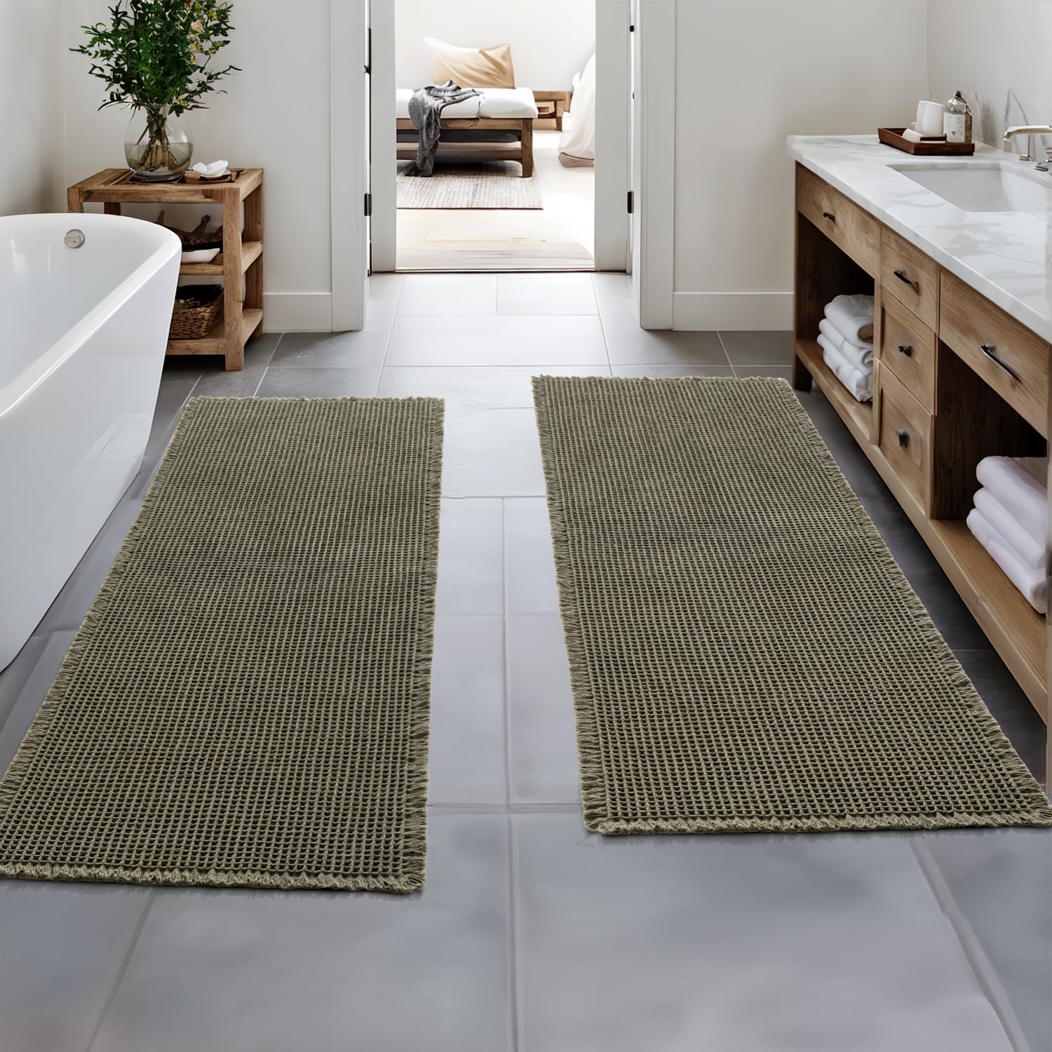 MIULEE Set of 2 Waffle Bathroom Runner Rugs, Boho Bath Rugs Non Slip, Super Absorbent Runner Bath Mats, Rubber Backed Shower Mat