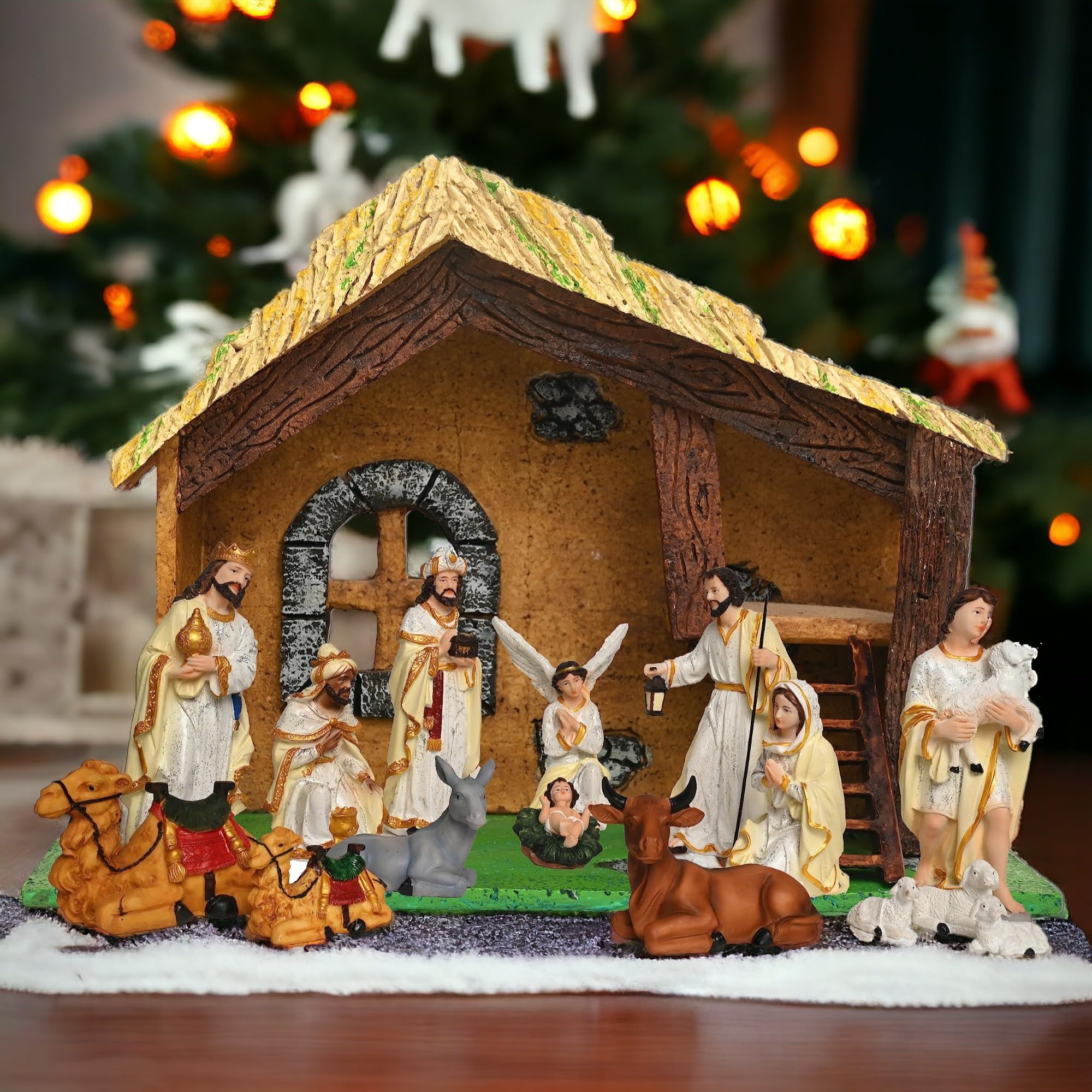 Karighar Nativity/Crib Idols Set Of 16 Pieces [Pack  Crib House,Mary, Joseph, Baby Jesus, Angel, 3 Wise Men, The Shepherd, 7 An