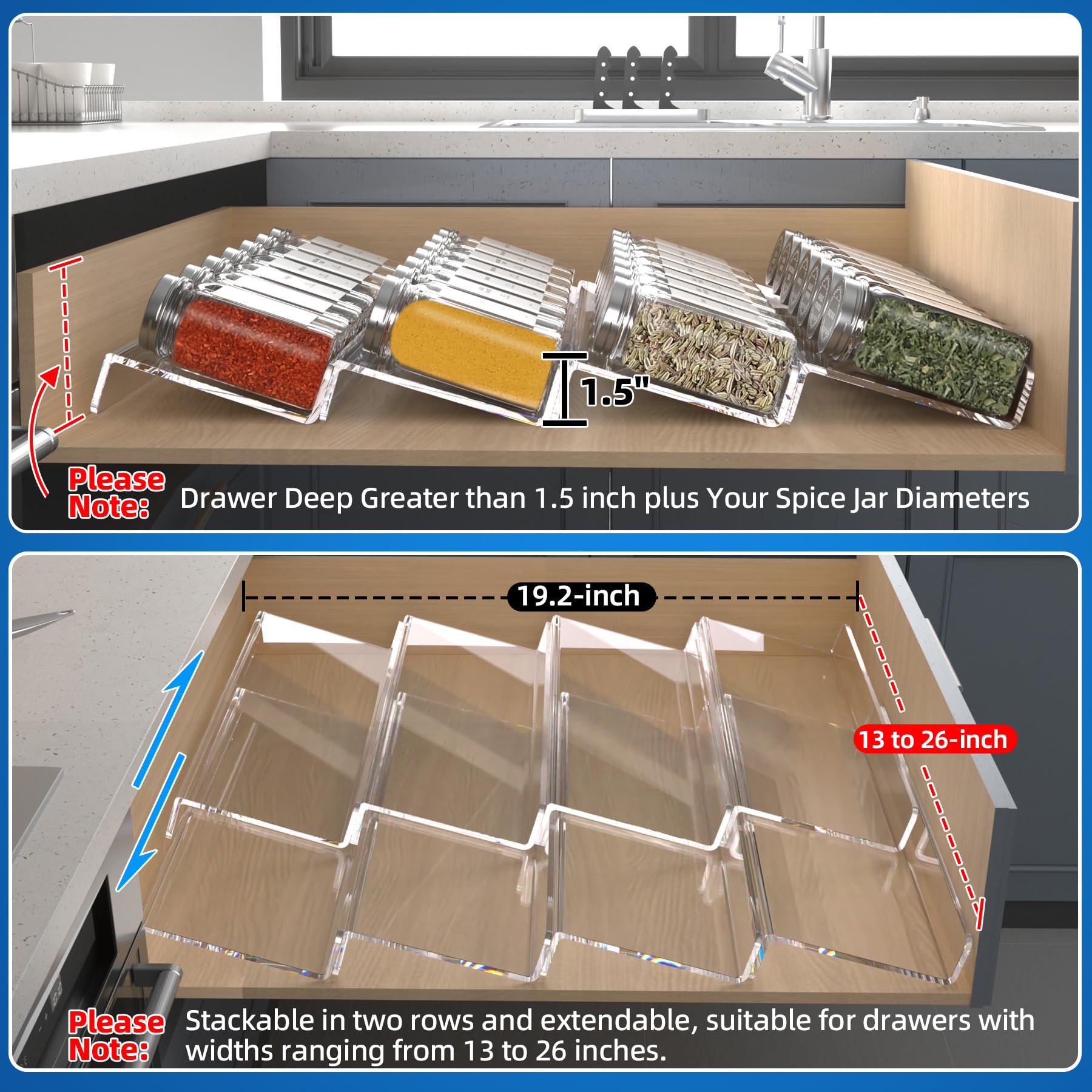 MIUKAA Clear Acrylic Spice Drawer Organizer, 4 Tier Expandable 13" to 26", 8 Pcs, Transparent, Kitchen Spice Rack (Jars not included)