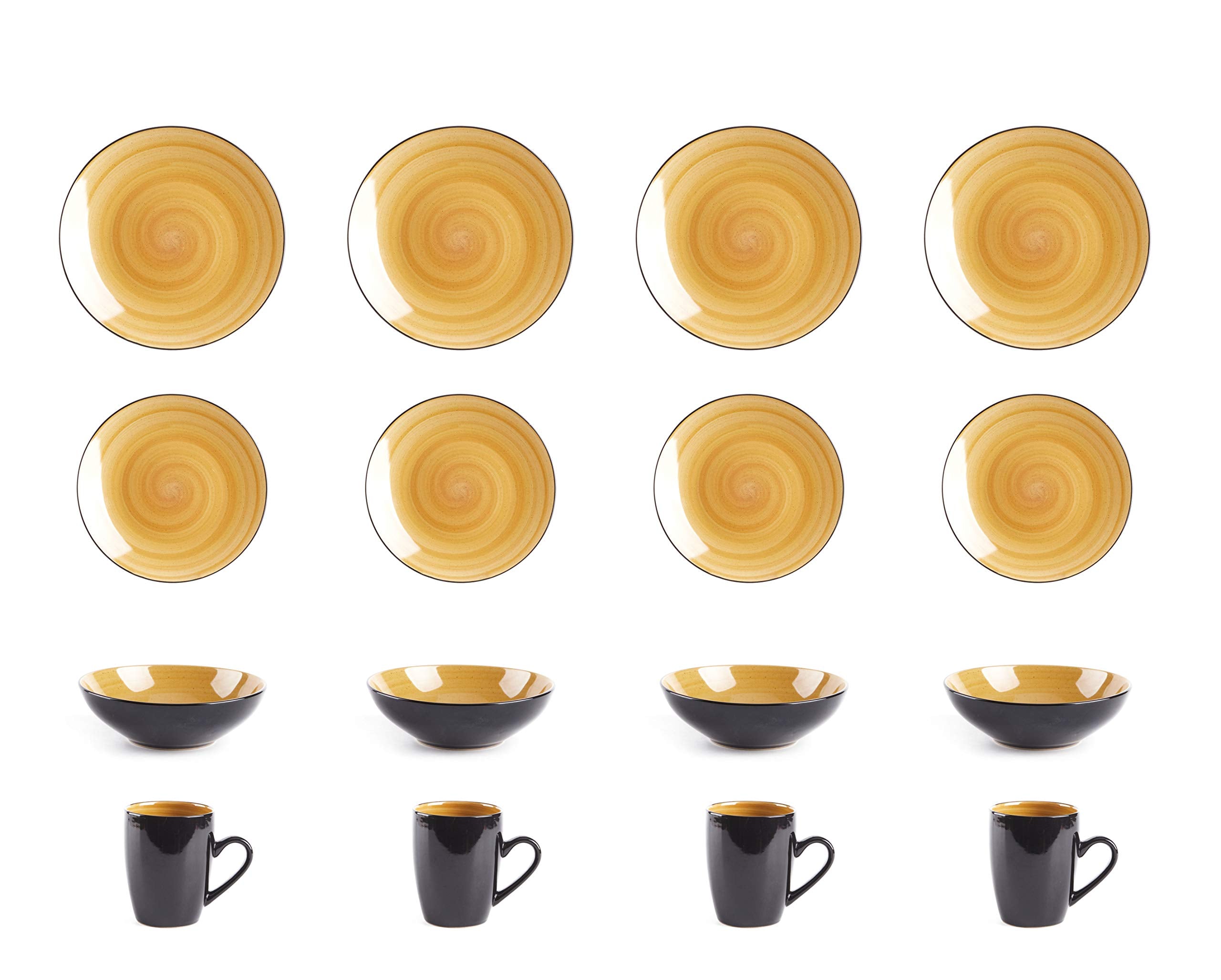 HomeVss Sonoma 16 Piece Stoneware Dinner Set, Outside Black + Inside Handpainted Color Yellow with speckle