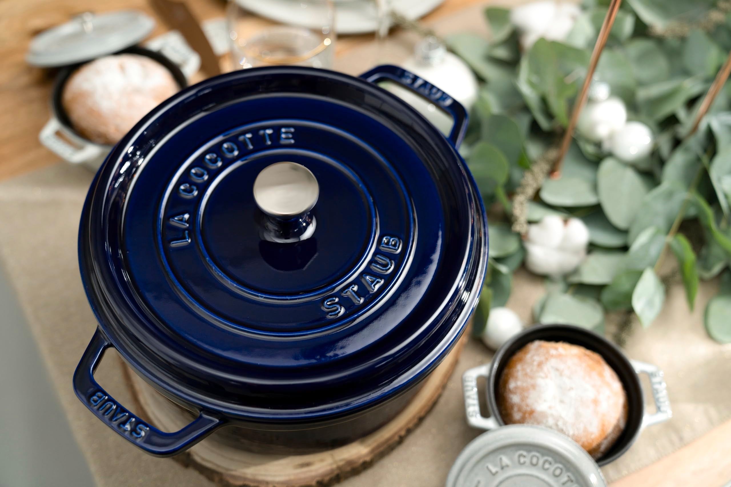 STAUB Dark Blue Round Cocotte, 2.75-Quart Cast Iron, 22cm, Model 1004286