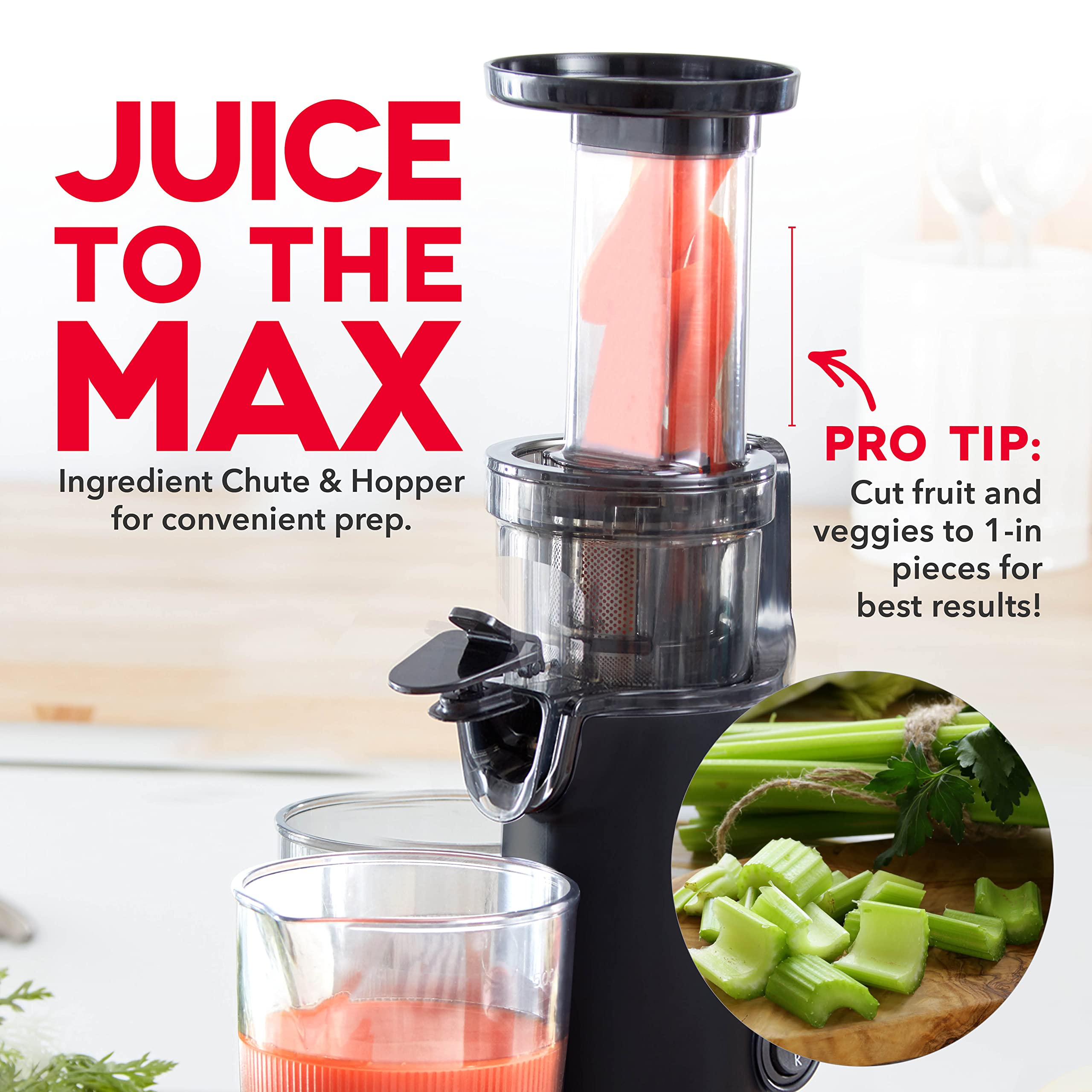 DASH Deluxe Compact Masticating Slow Juicer  Easy to Clean Cold Press Juicer with Brush  Pulp Measuring Cup  Frozen Attachment and Juice Recipe Guide - Black