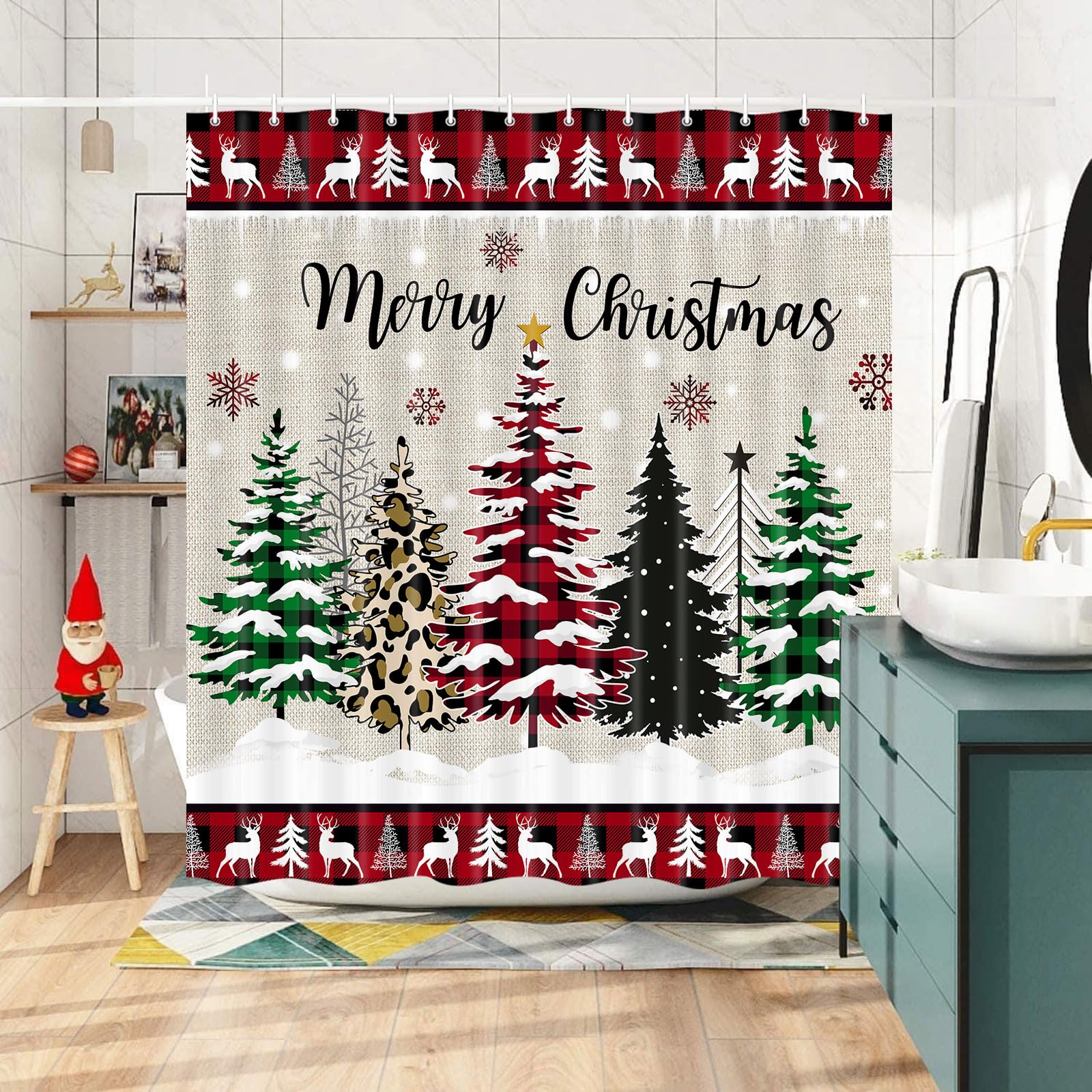 Wathon Christmas Tree Shower Curtain Winter Cabin Lodge Woodland Bathroom Decor Farmhouse Buffalo Plaid Xmas Tree Pine Tree Bath