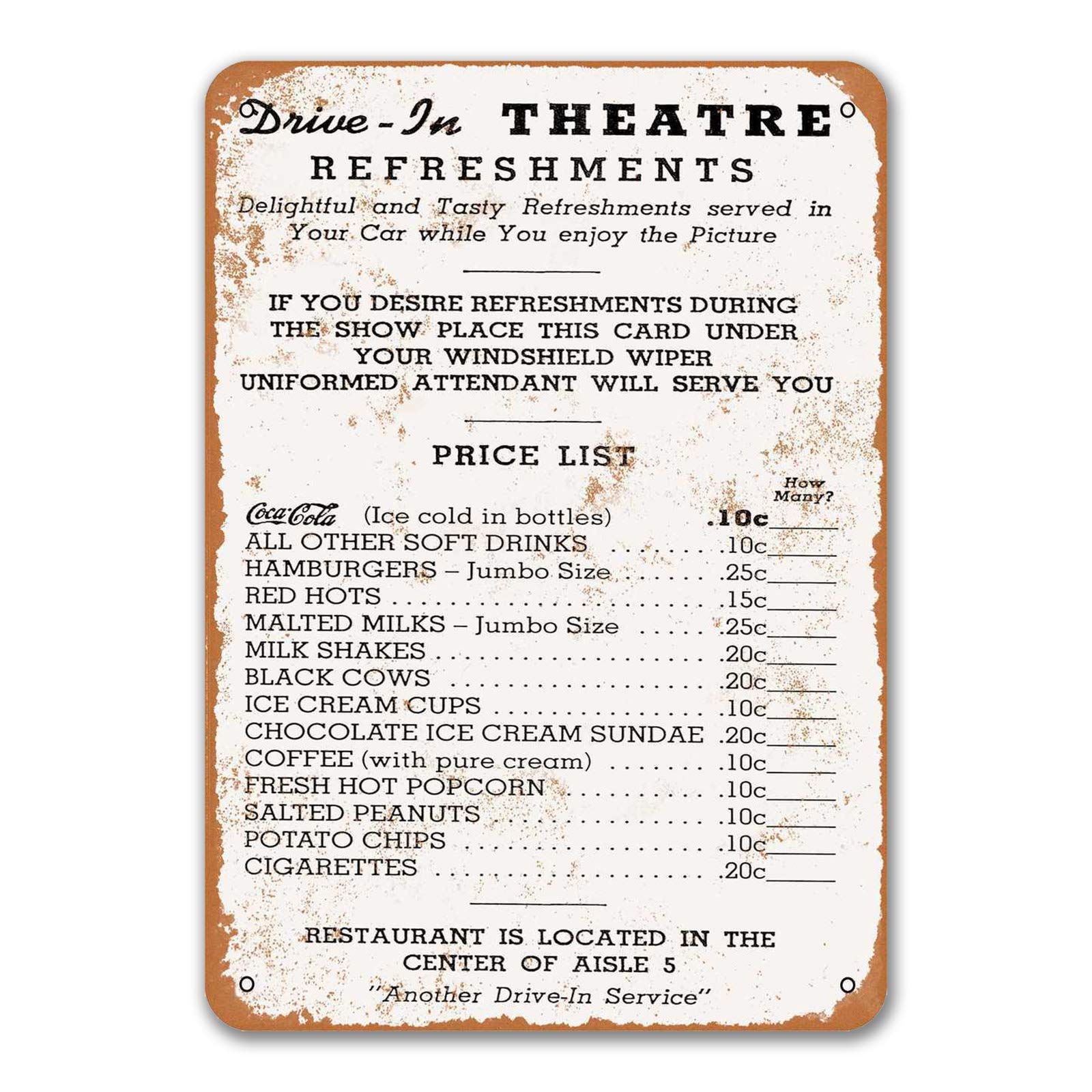 Agedsign 1950 Drive In Theater Menu Metal Signs Wall Poster Tin Sign Vintage Home Kitchen Bbq Restaurant Cafe Shop Decor 8X12 In
