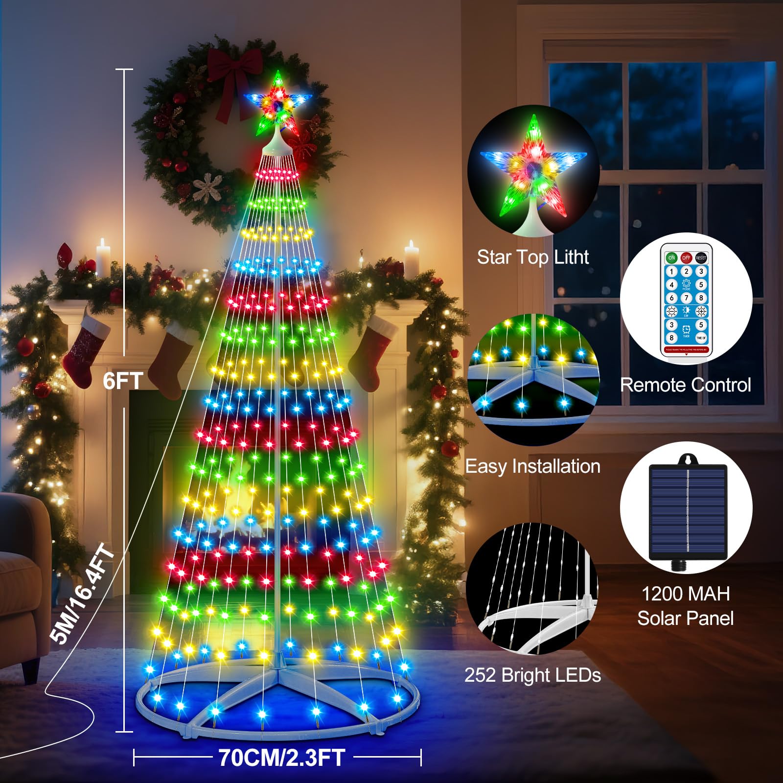 AMIPEPE 6ft Solar Christmas Tree Lights Outdoor, 252 LEDs Remote Control 8 Modes IP65 Waterproof Cone Tree with Timer, USB Backu