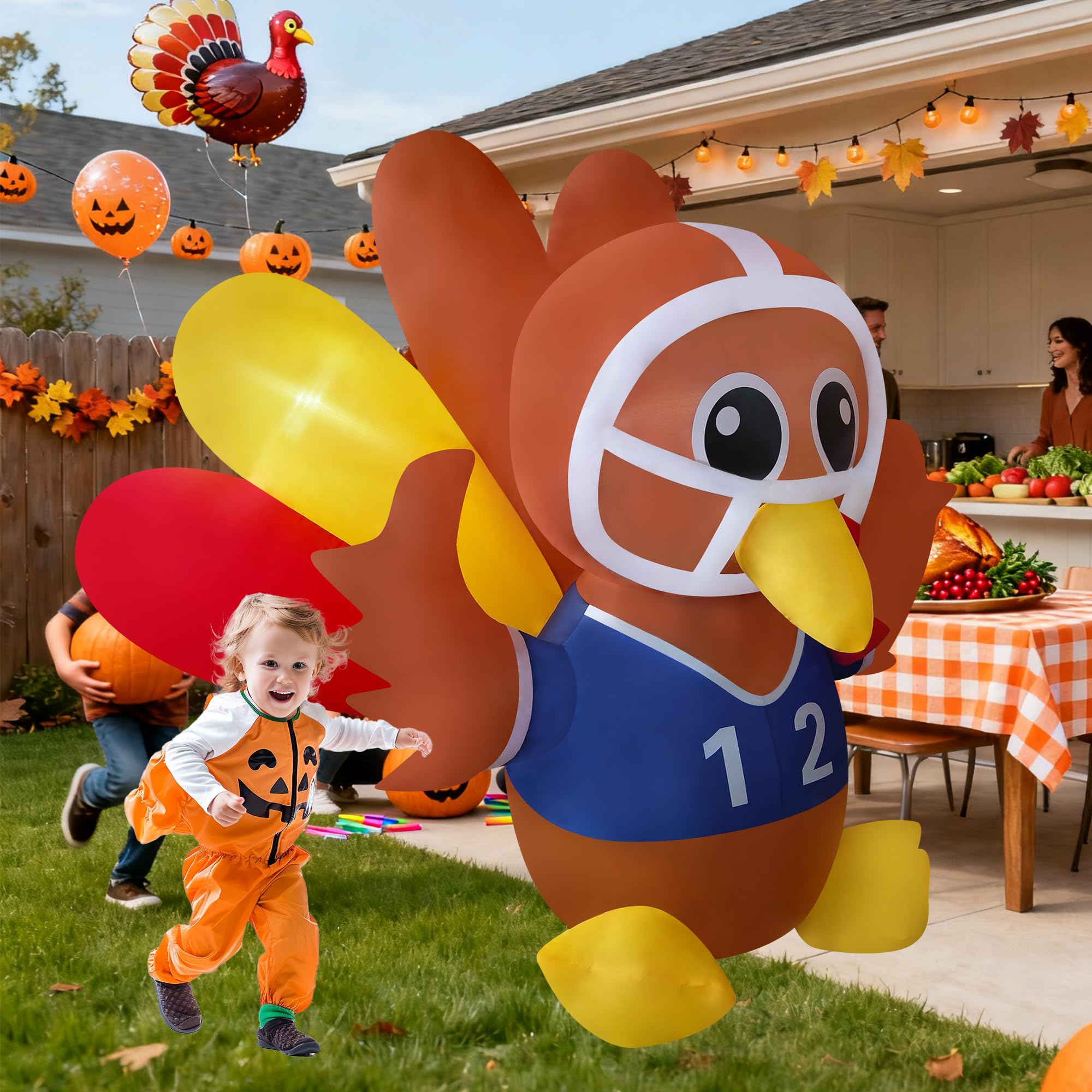 Hacricos 6ft Tall 7ft Wide Thanksgiving Inflatable Turkey Decorations Football Player Turkey Blow up Yard Decor with Led Lights