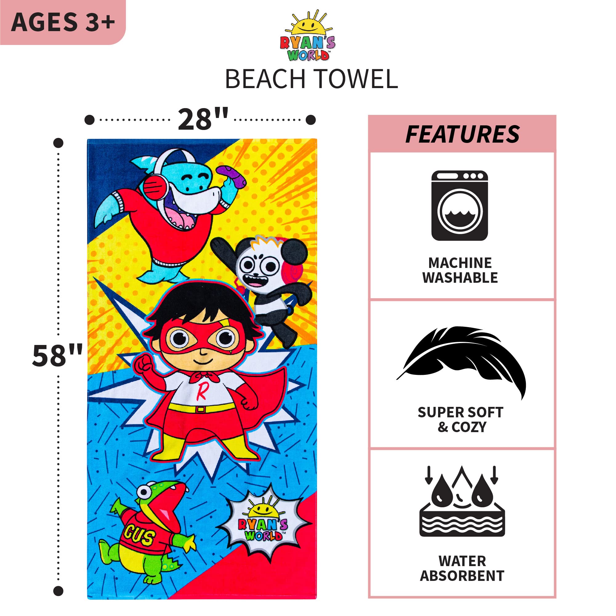 Franco Kids Super Soft Cotton Beach Towel, 58 In X 28 In, Ryan'S World